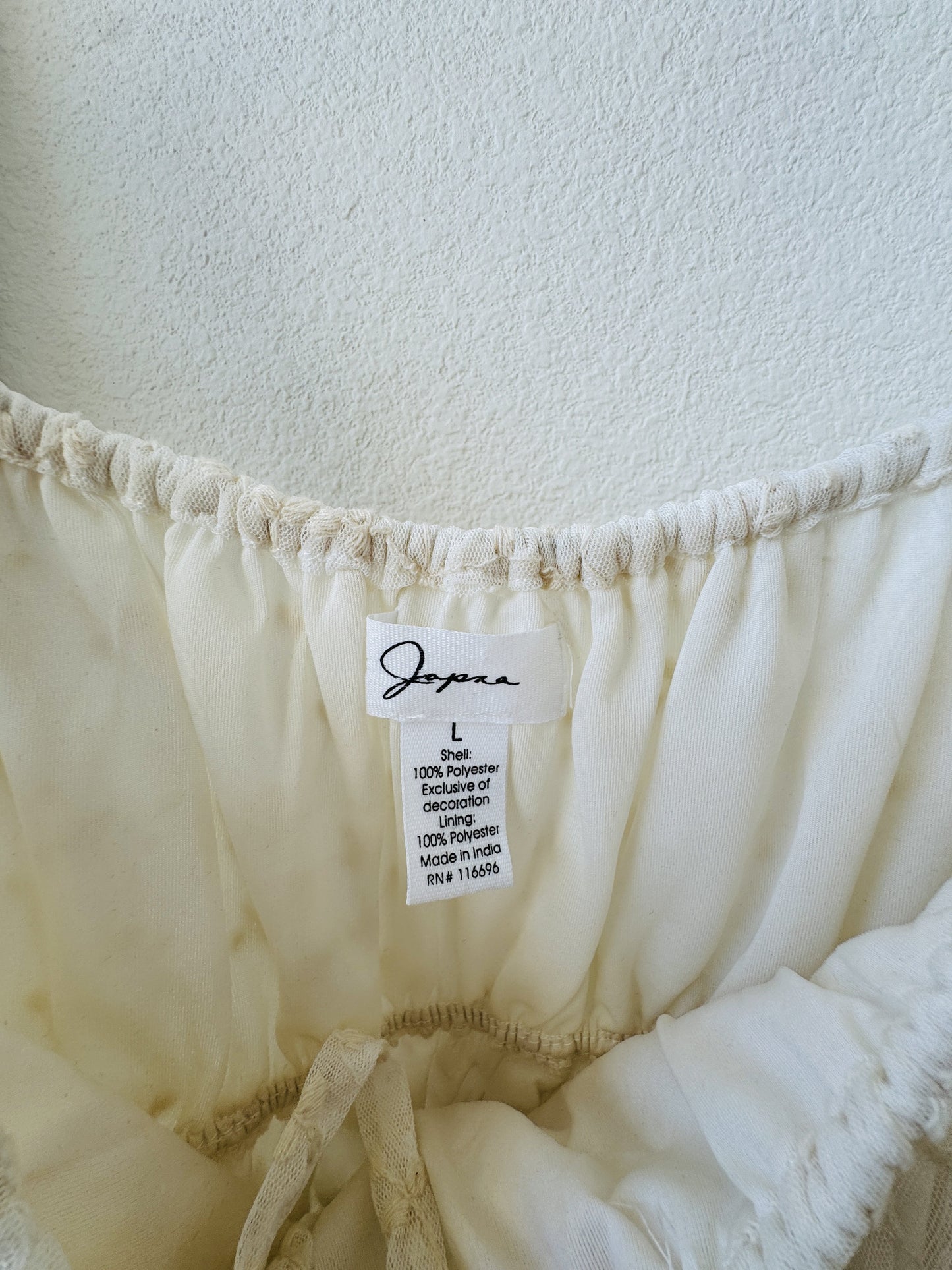 Japna Ivory Floral Embroidered Mesh Smocked Peasant Top Size L