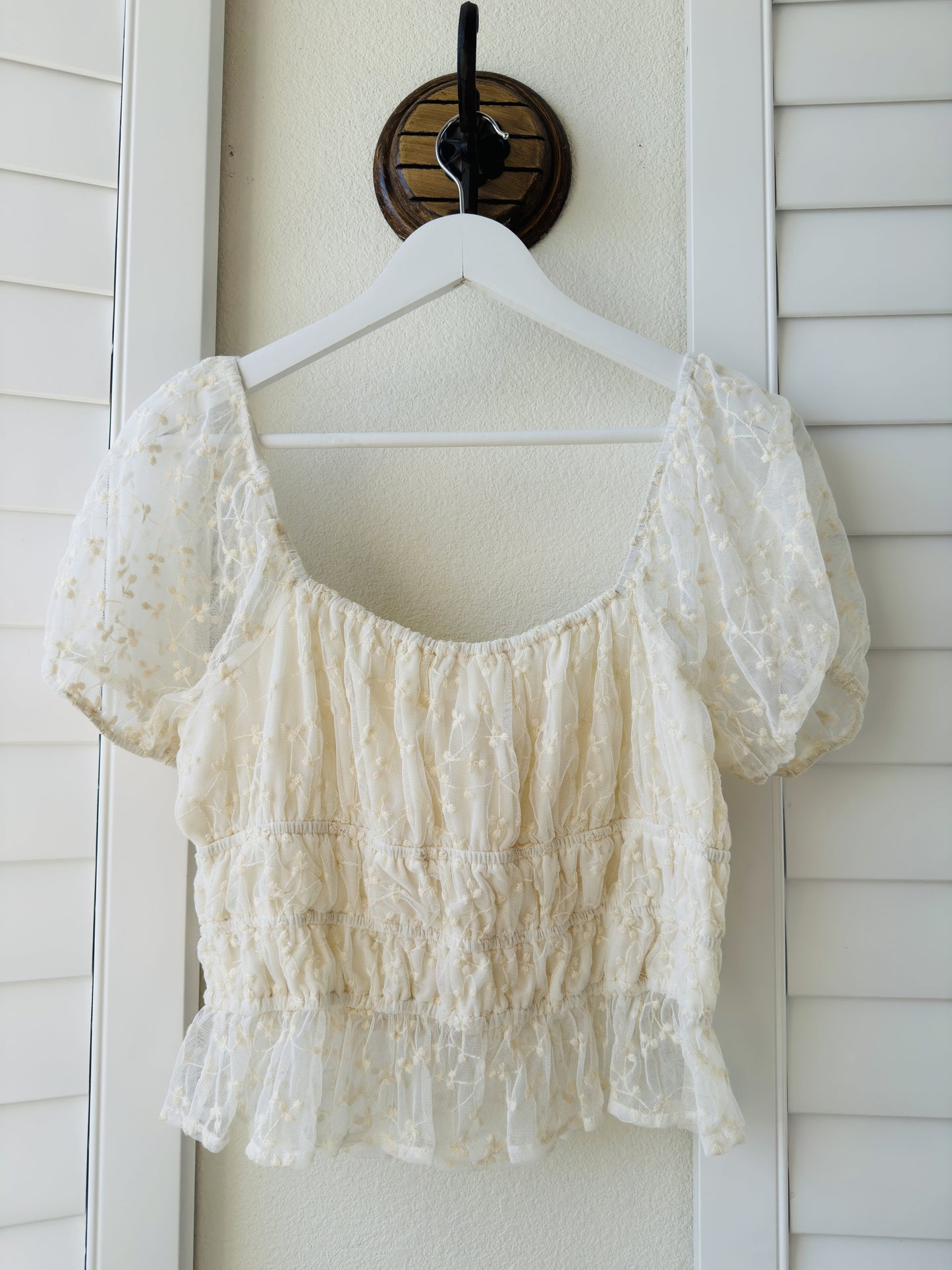 Japna Cream Floral Embroidered Mesh Smocked Peplum Top - Size L