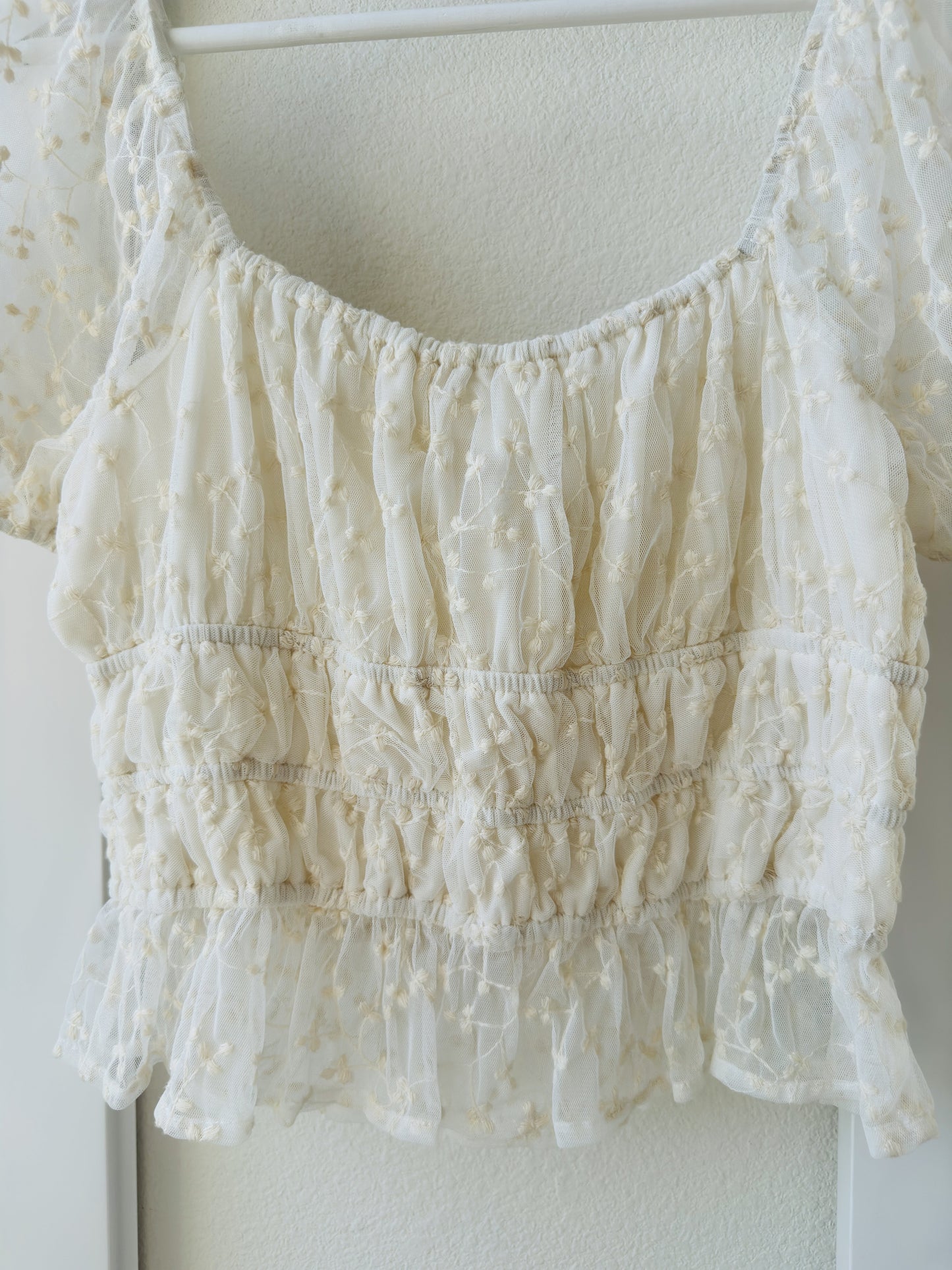 Japna Cream Floral Embroidered Mesh Smocked Peplum Top - Size L