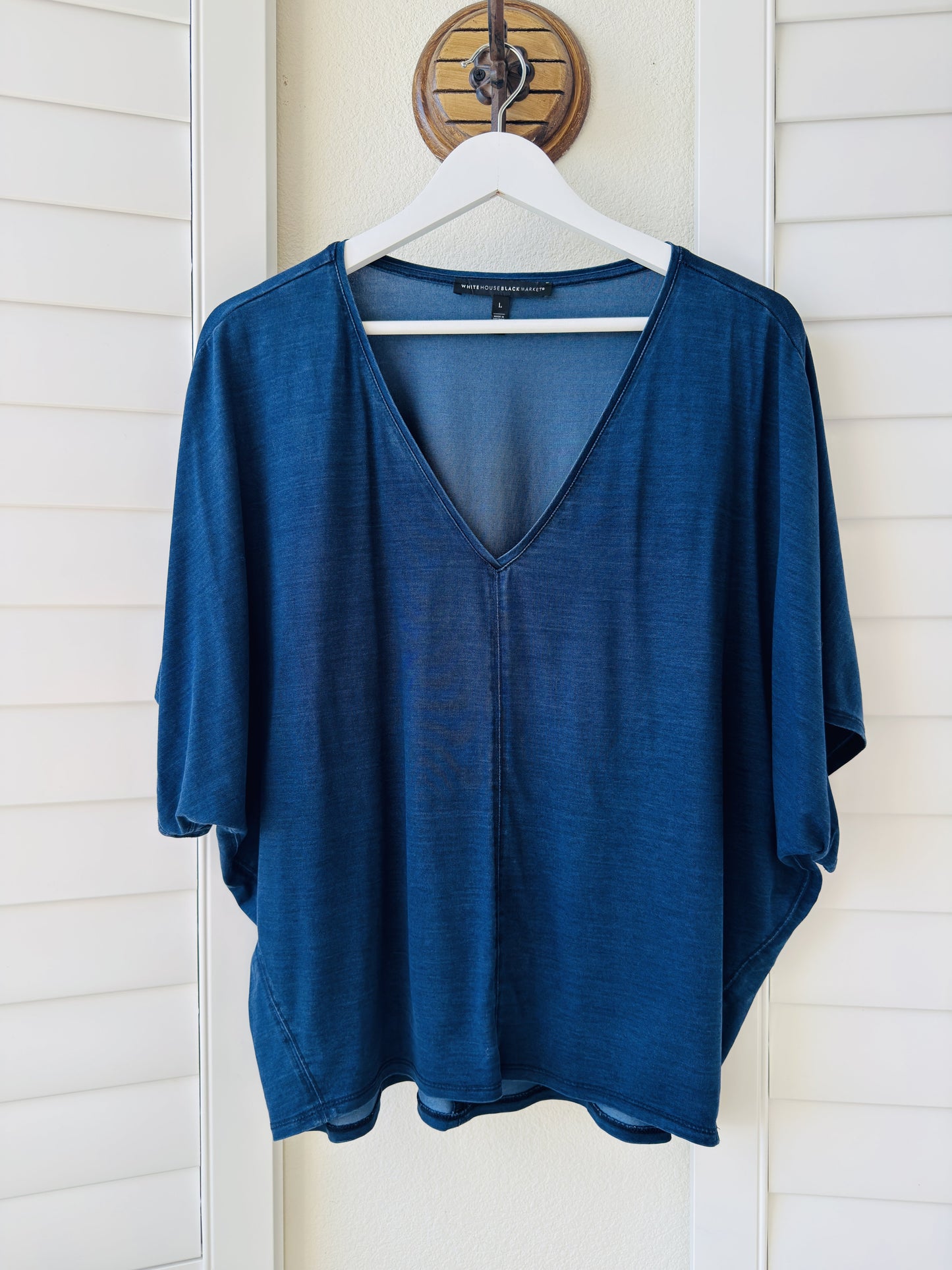 White House Black Market Blue V-Neck Dolman Sleeve Top - Size L