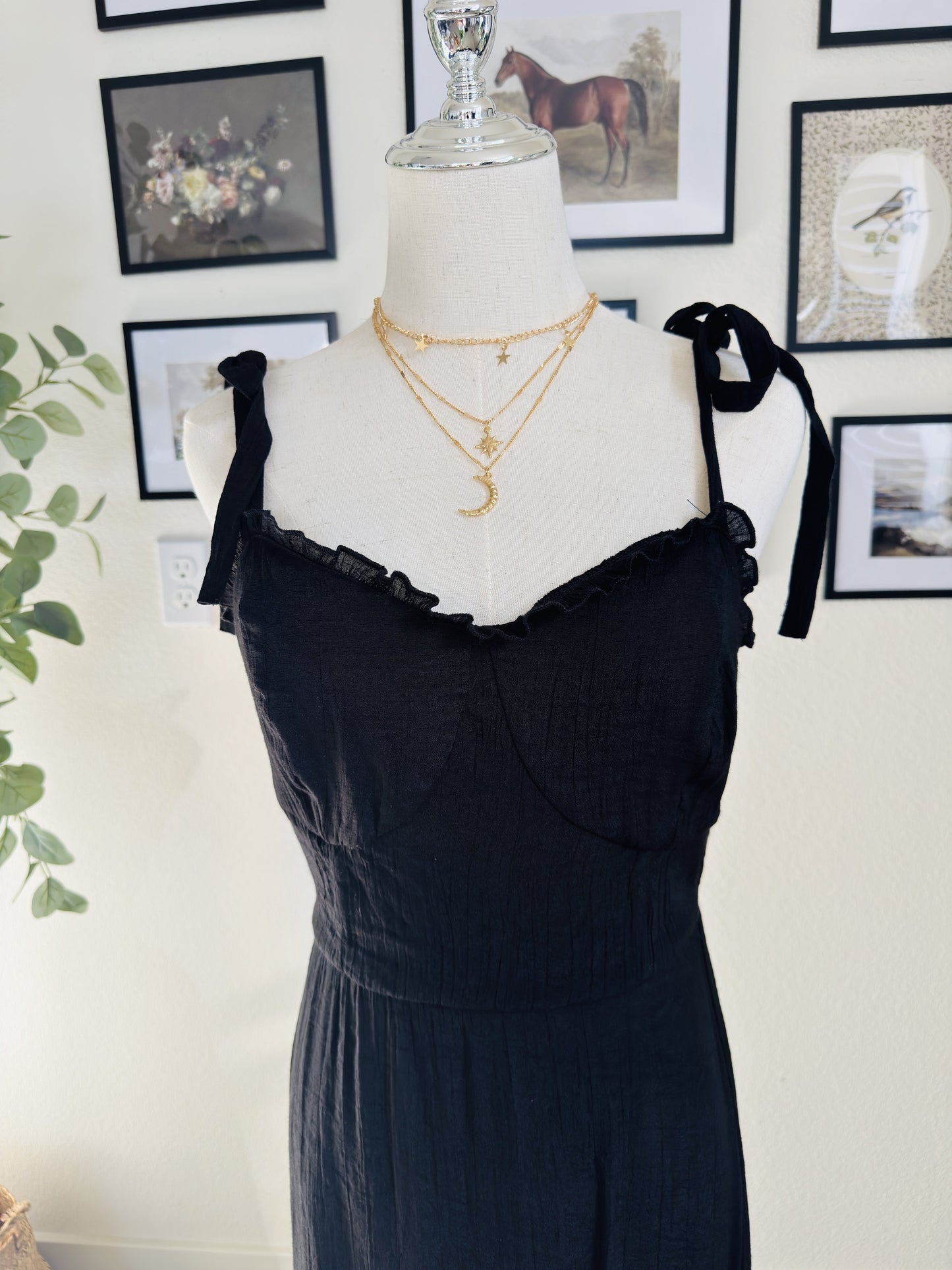 Just Found Black Tie Strap Smocked Maxi Dress - Size M