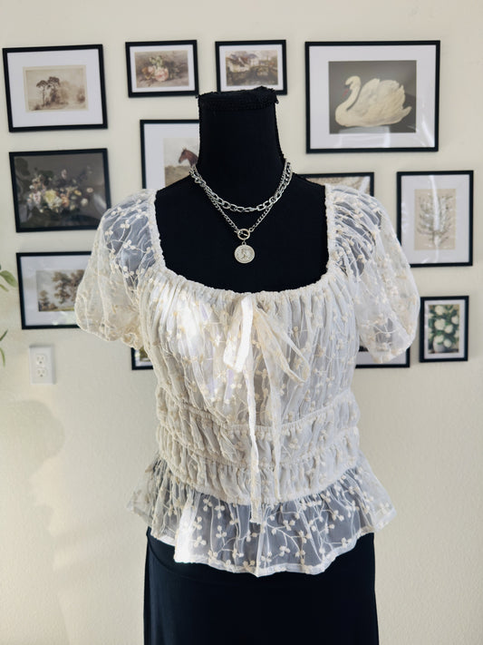 Japna Ivory Floral Embroidered Mesh Smocked Peasant Top Size L