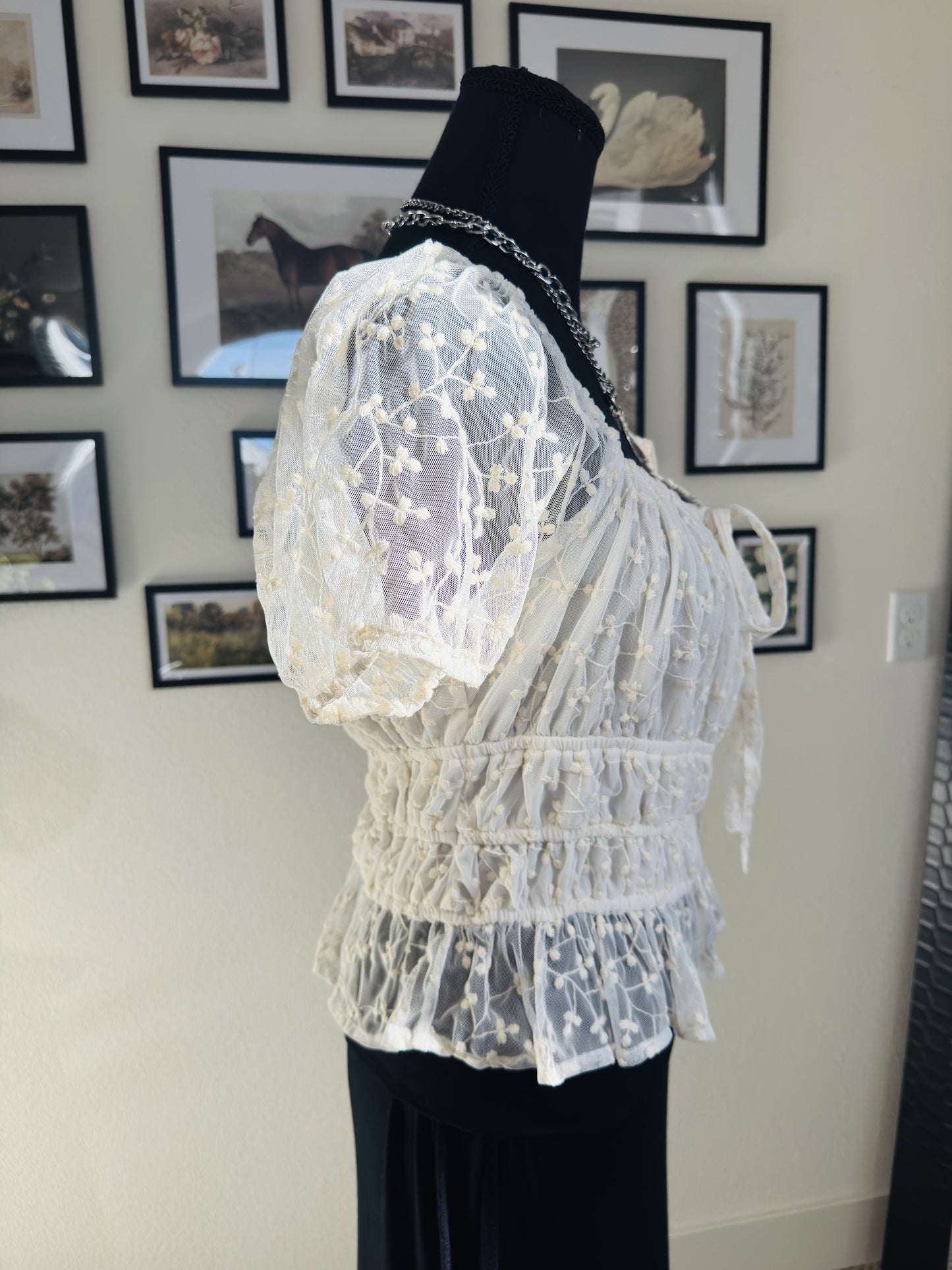 Japna Ivory Floral Embroidered Mesh Smocked Peasant Top Size L