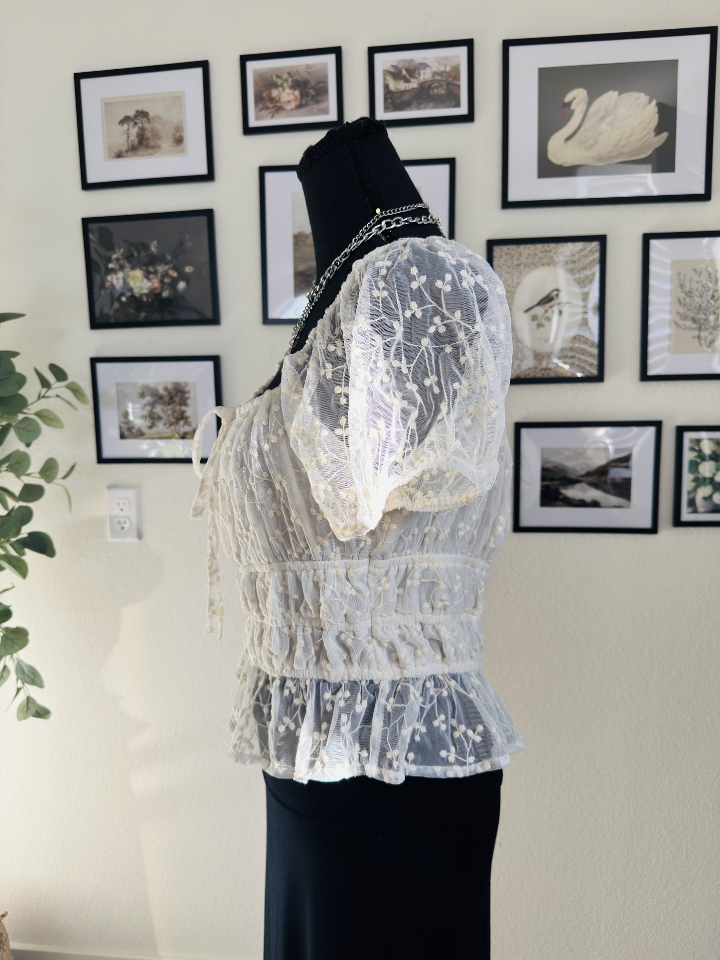 Japna Ivory Floral Embroidered Mesh Smocked Peasant Top Size L