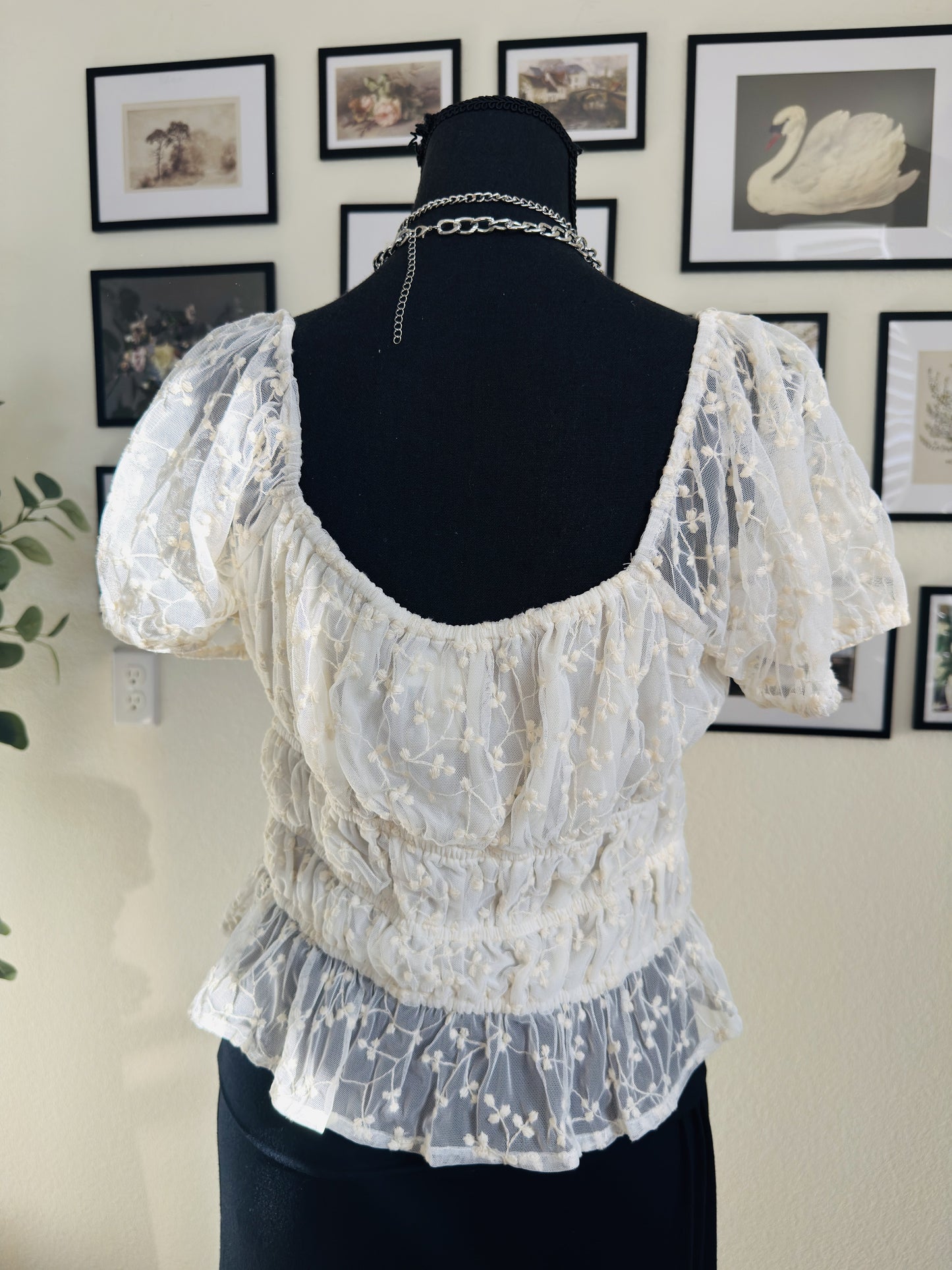 Japna Ivory Floral Embroidered Mesh Smocked Peasant Top Size L