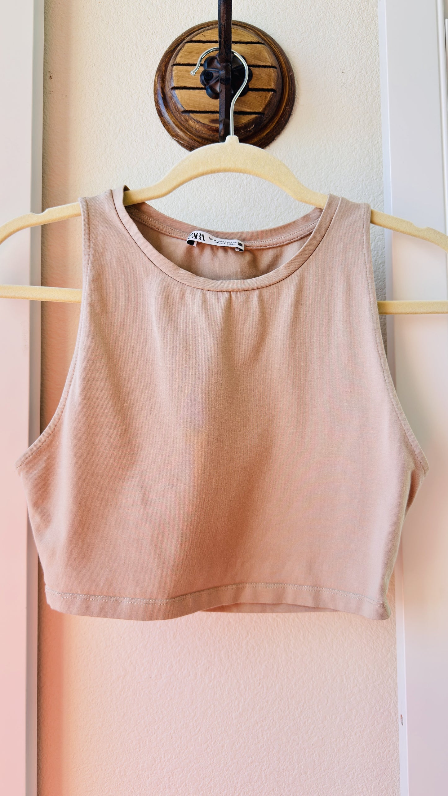 ZARA Beige Ribbed High Neck Crop Tank Top - Size M