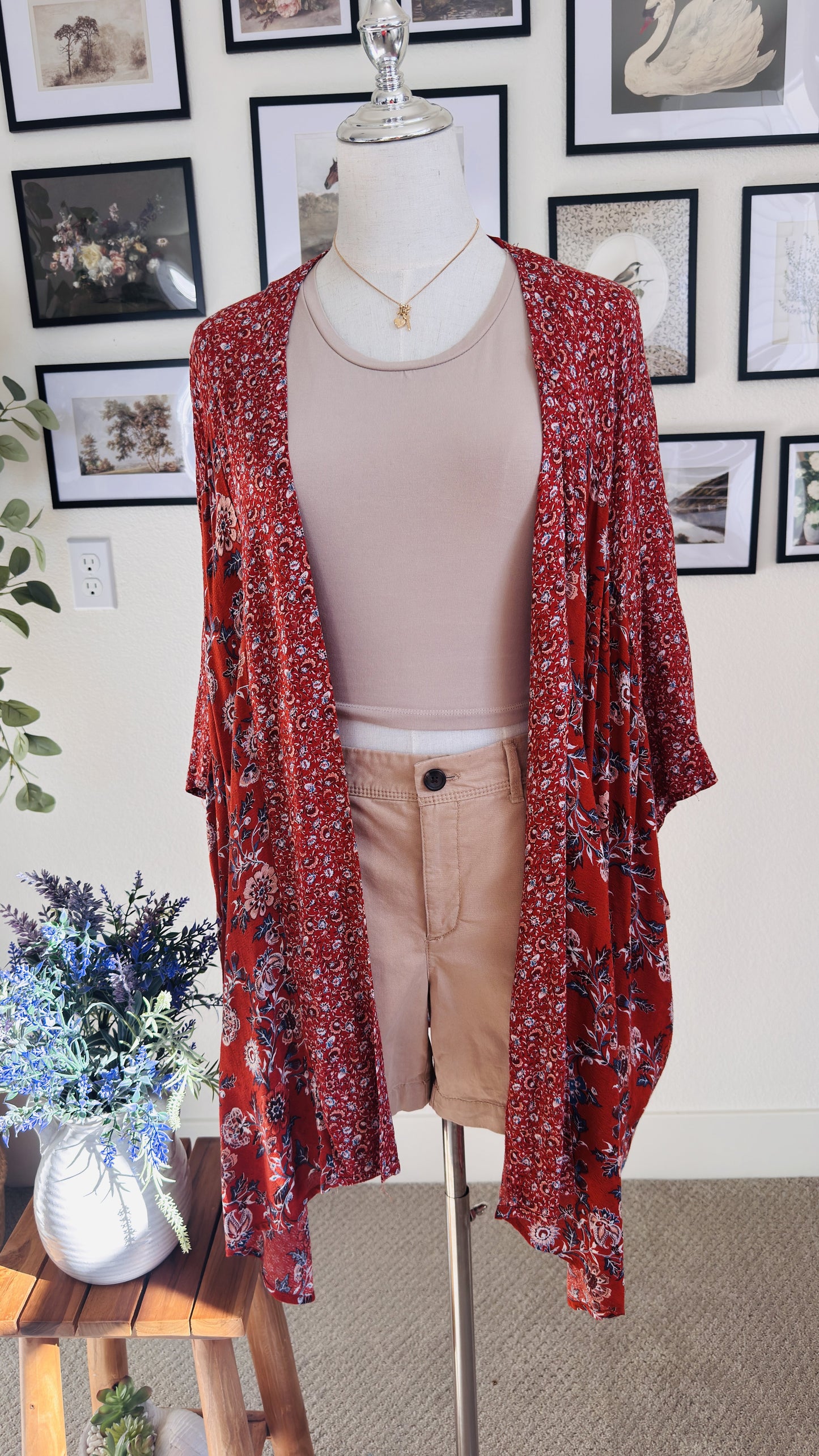 Knox Rose Red Floral Print Open Front Kimono Cardigan Size One Size