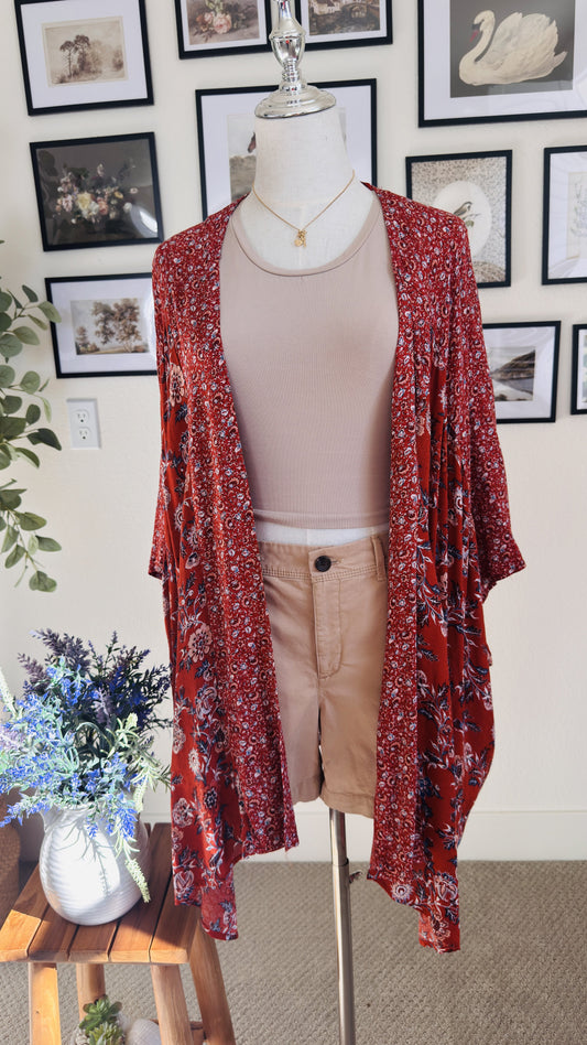 Knox Rose Red Floral Print Open Front Kimono Cardigan Size One Size