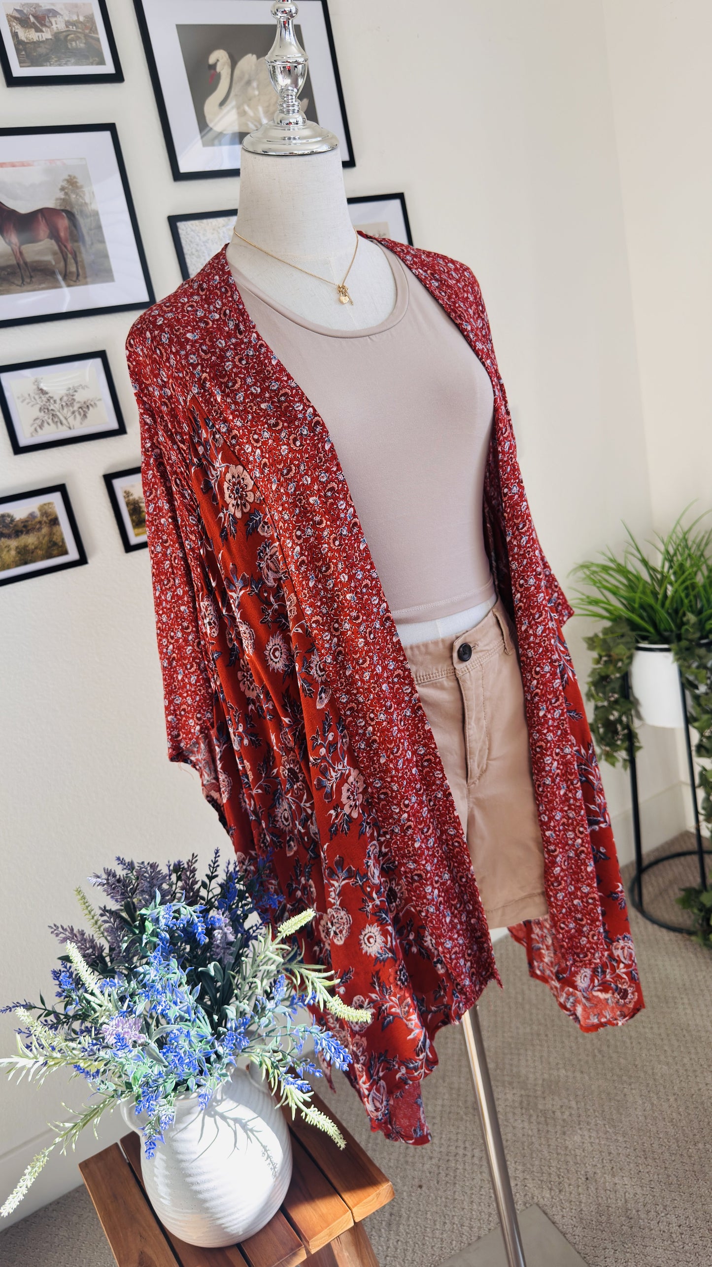 Knox Rose Red Floral Print Open Front Kimono Cardigan Size One Size