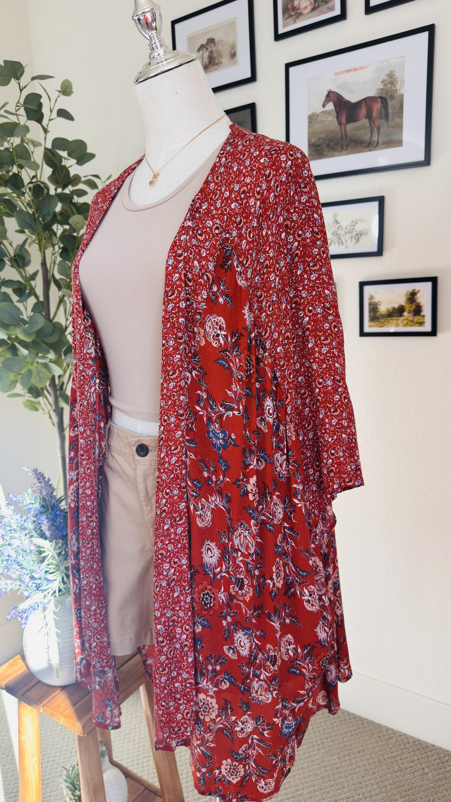 Knox Rose Red Floral Print Open Front Kimono Cardigan Size One Size