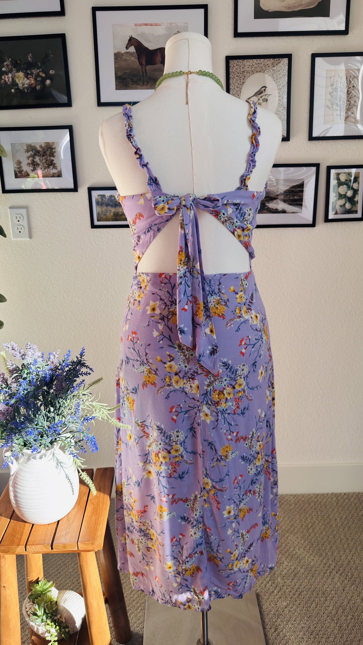 Lulus Purple Floral Print Tie-Back Maxi Dress Size L