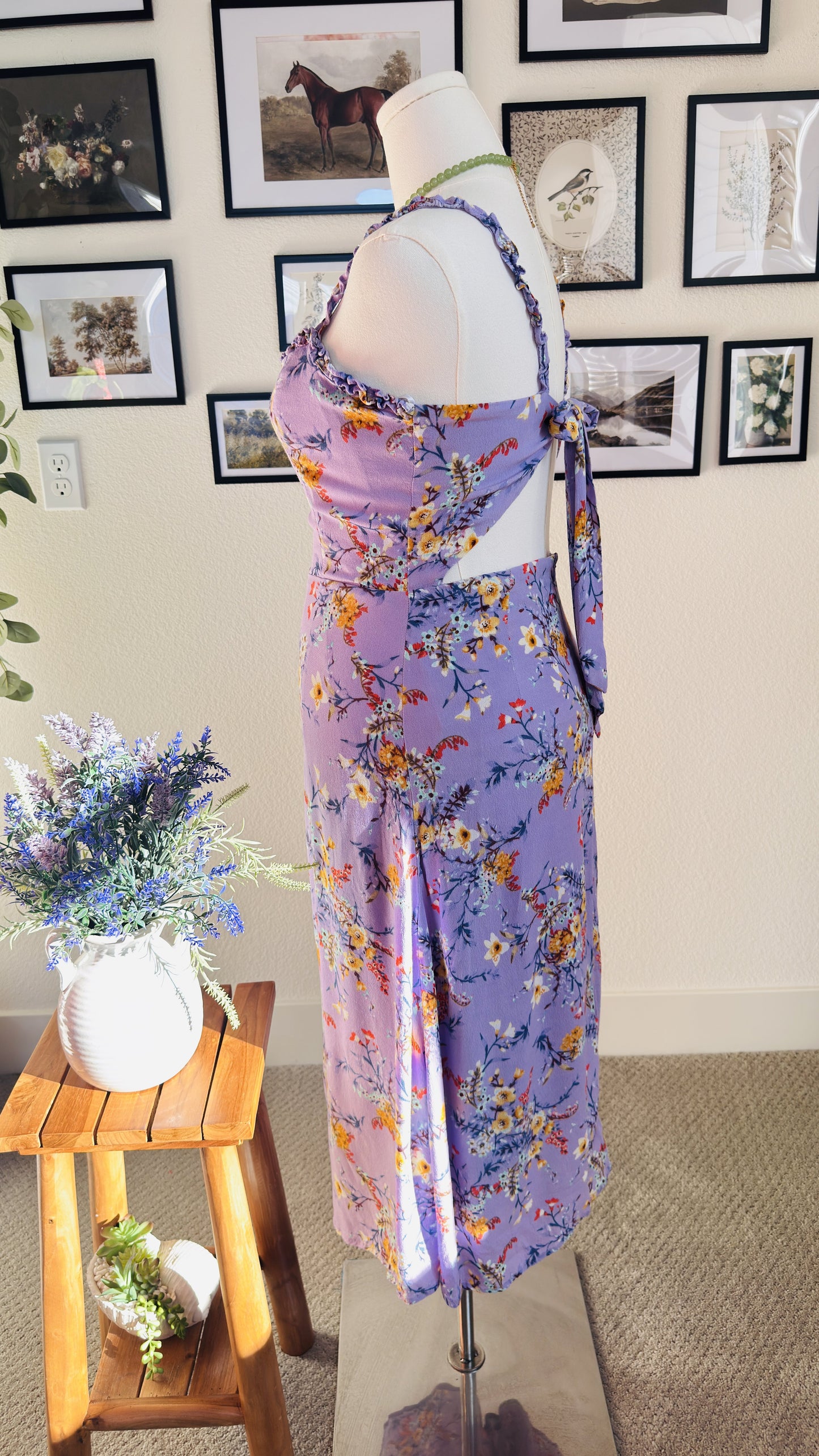 Lulus Purple Floral Print Tie-Back Maxi Dress Size L