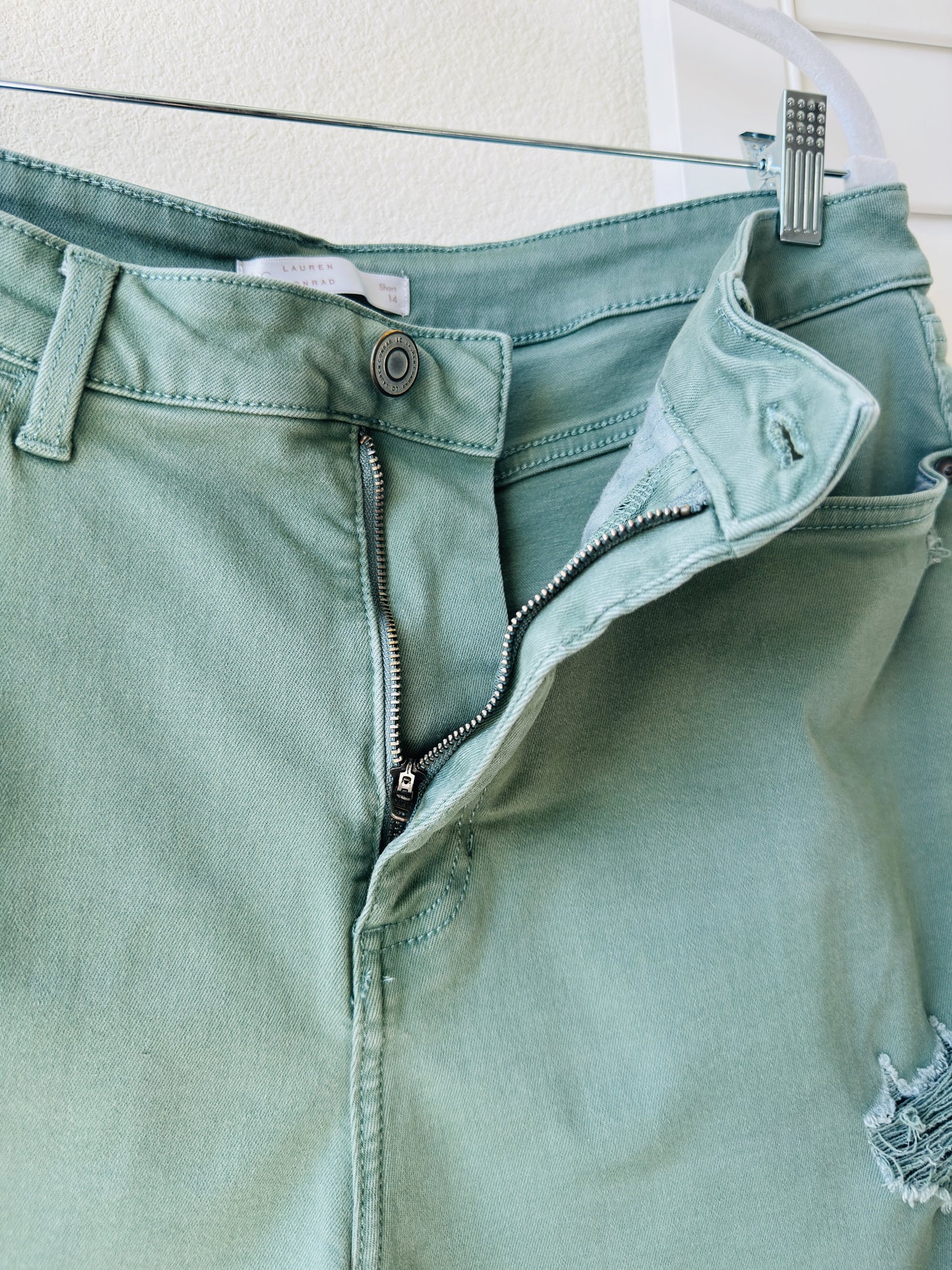 LC Lauren Conrad Sage Green Distressed Denim Shorts Size 14