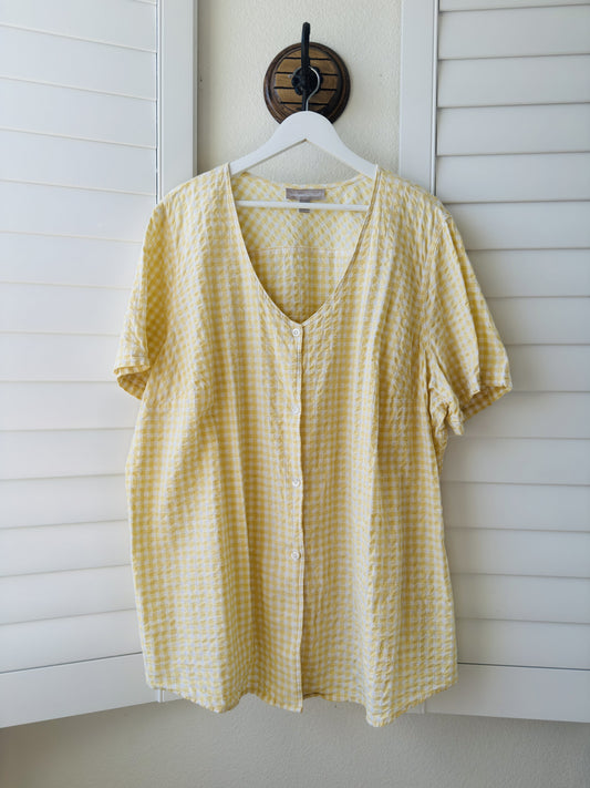 Woman Within Yellow Gingham Cotton Short Sleeve Button Up Top - Size 2X