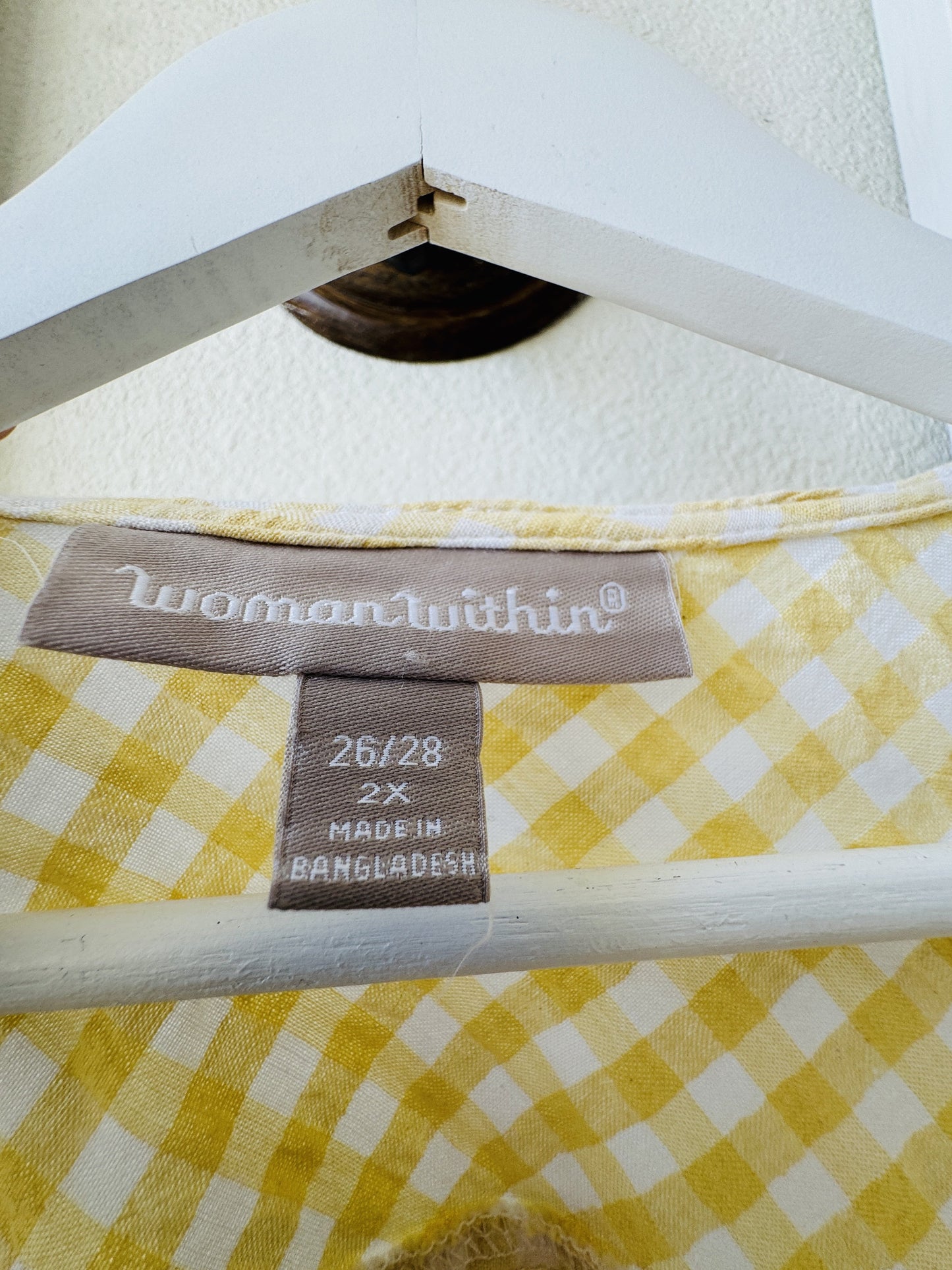 Woman Within Yellow Gingham Cotton Short Sleeve Button Up Top - Size 2X