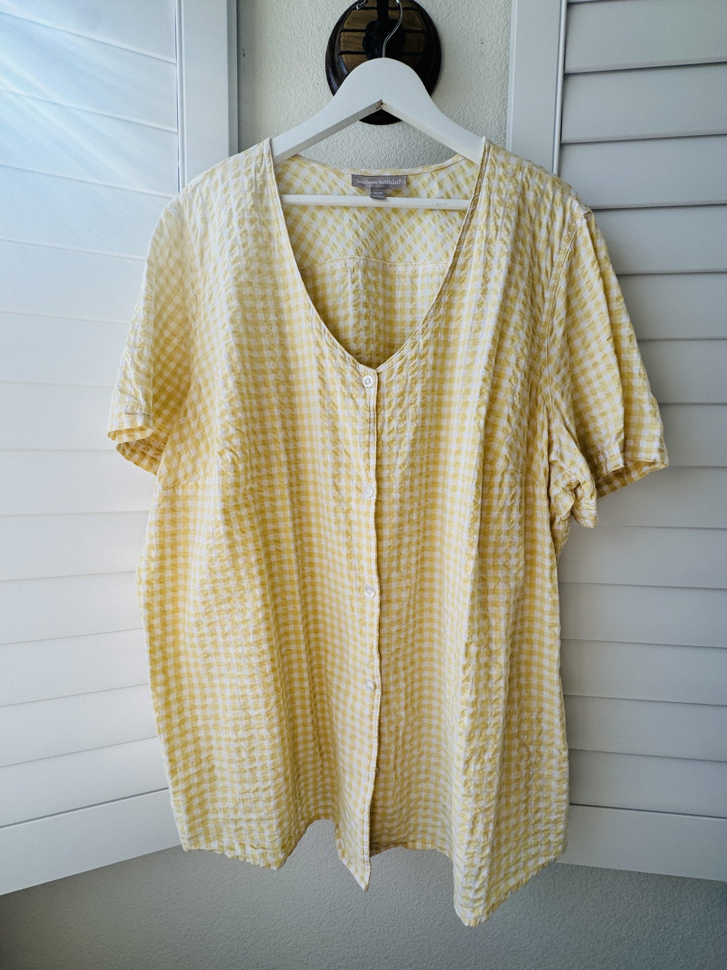 Woman Within Yellow Gingham Cotton Short Sleeve Button Up Top - Size 2X