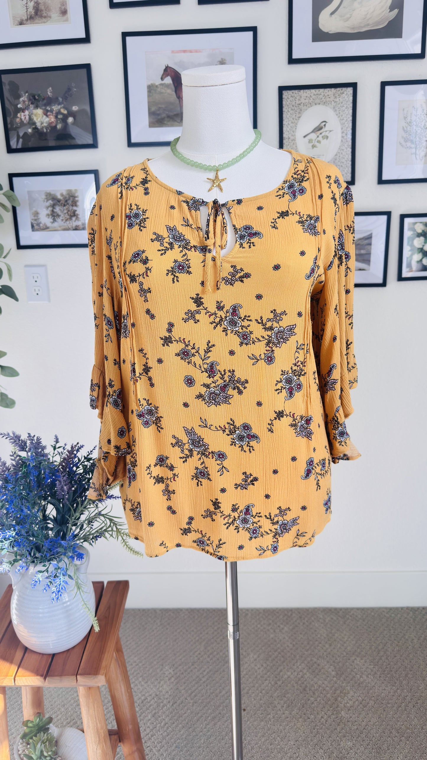LC Lauren Conrad Yellow Floral Flutter Sleeve Boho Blouse - Size L