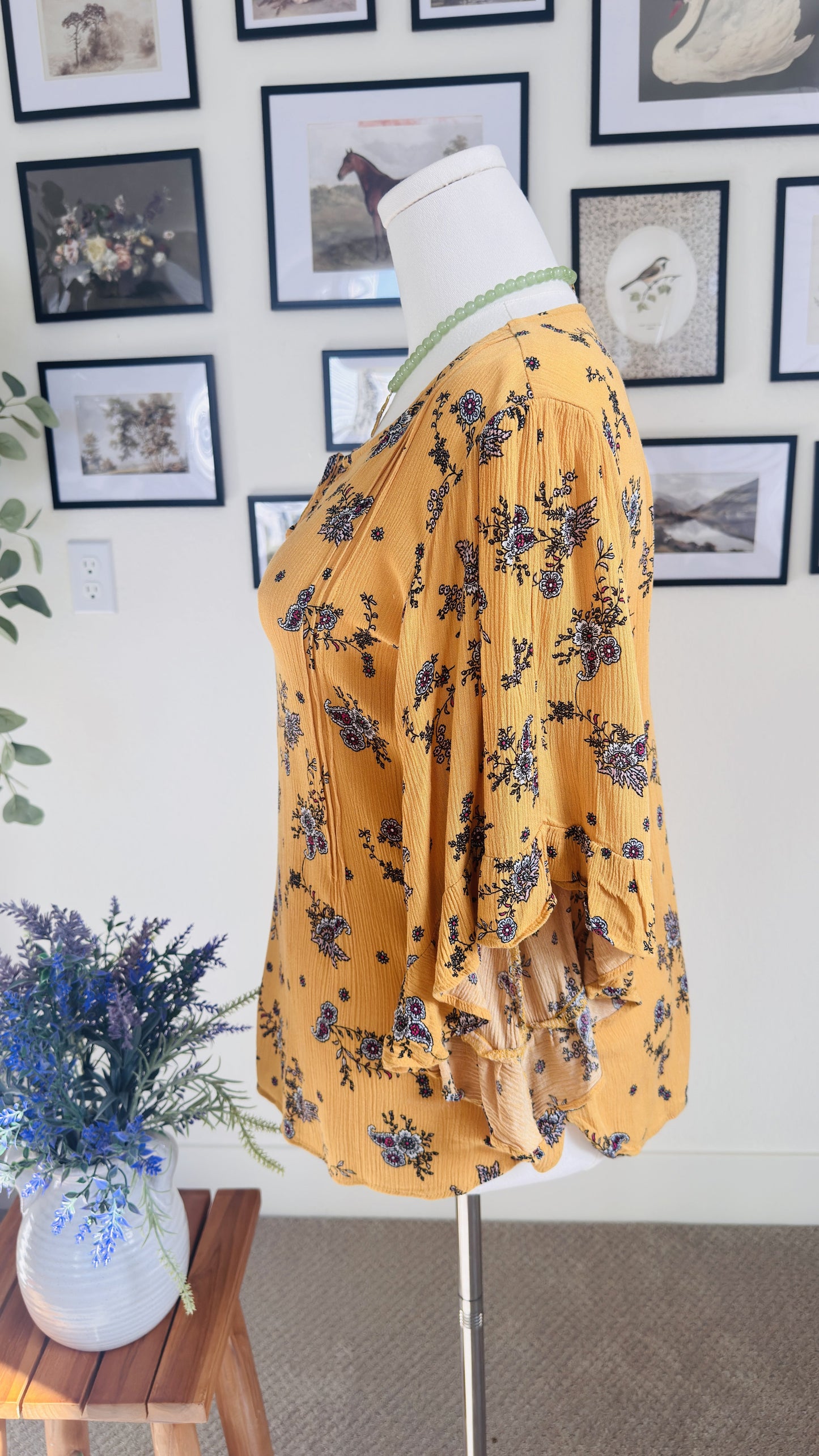 LC Lauren Conrad Yellow Floral Flutter Sleeve Boho Blouse - Size L