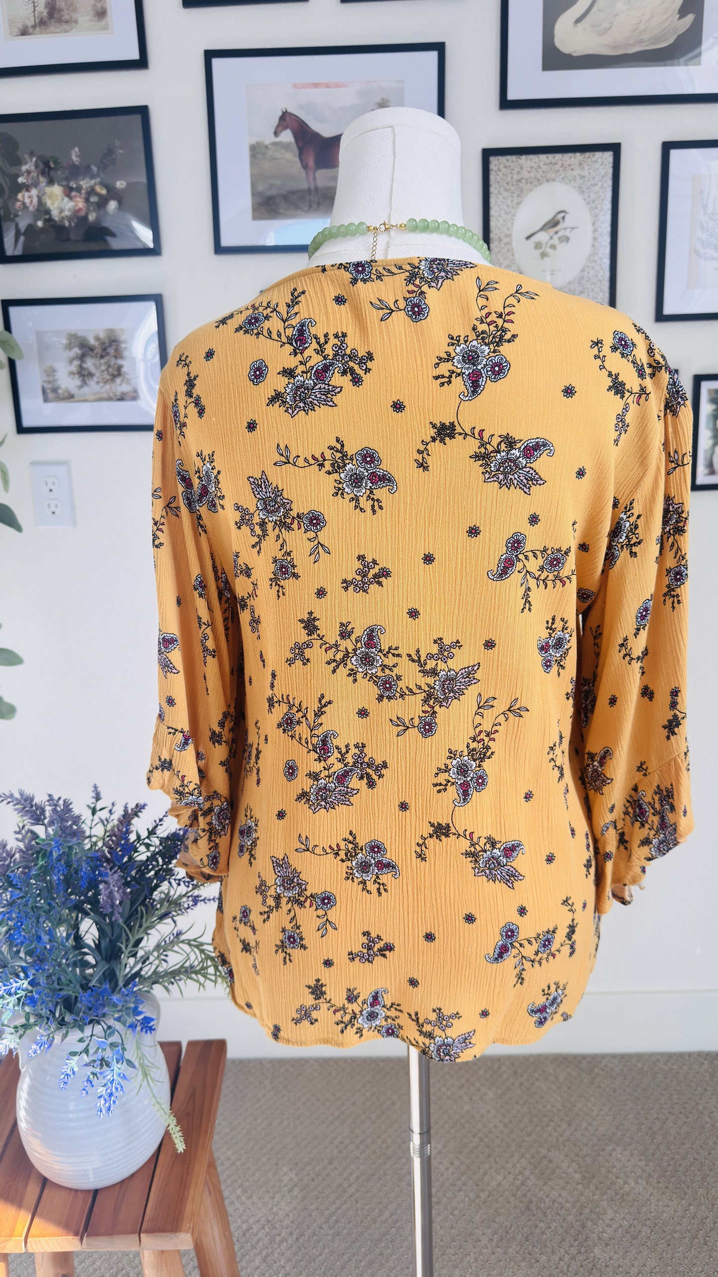 LC Lauren Conrad Yellow Floral Flutter Sleeve Boho Blouse - Size L