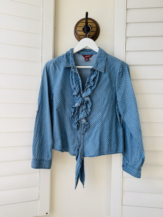Arizona Jean Co. Polka Dot Ruffled Tie-Front Denim Shirt Size 18.5 Plus
