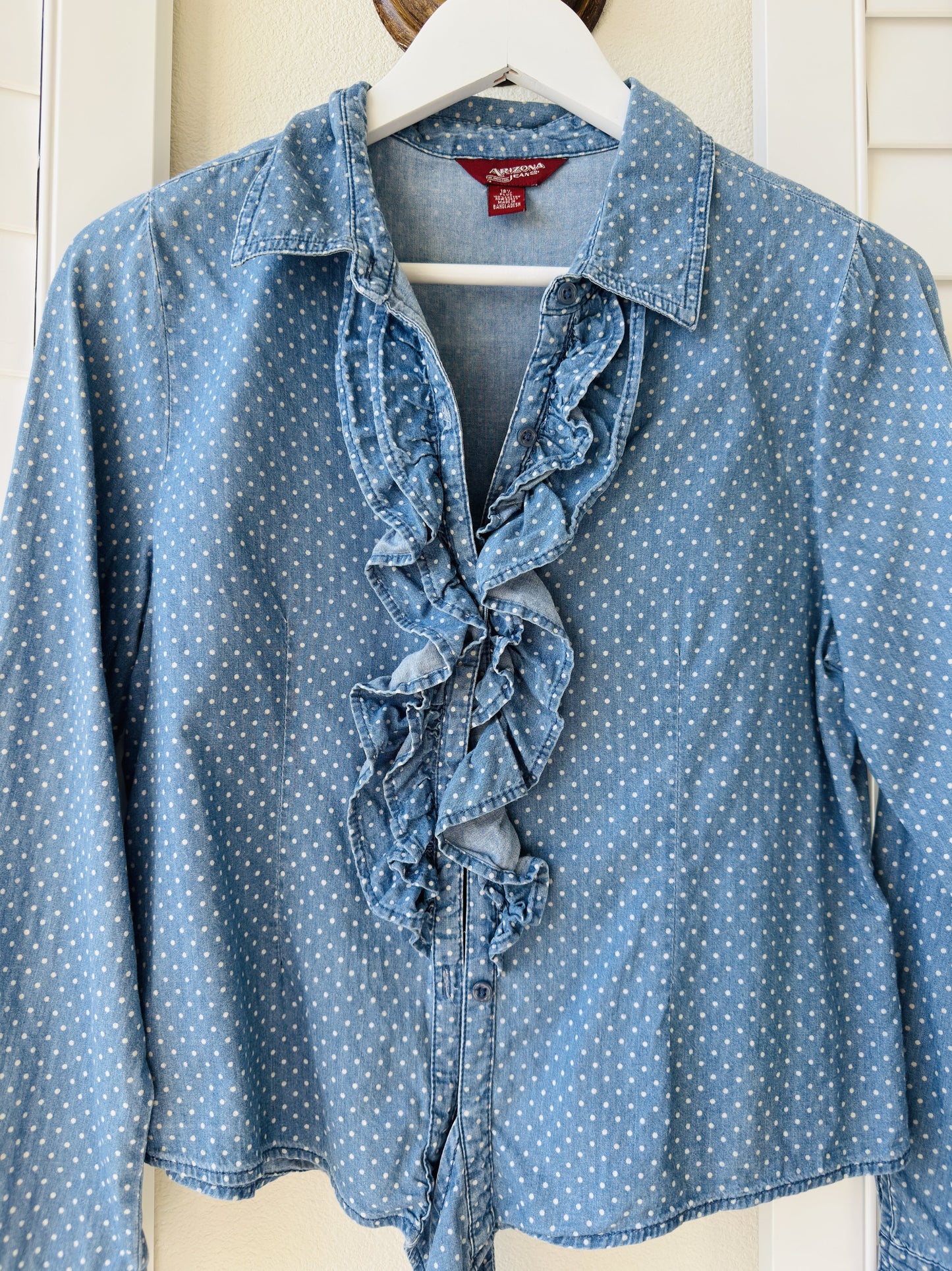 Arizona Jean Co. Polka Dot Ruffled Tie-Front Denim Shirt Size 18.5 Plus