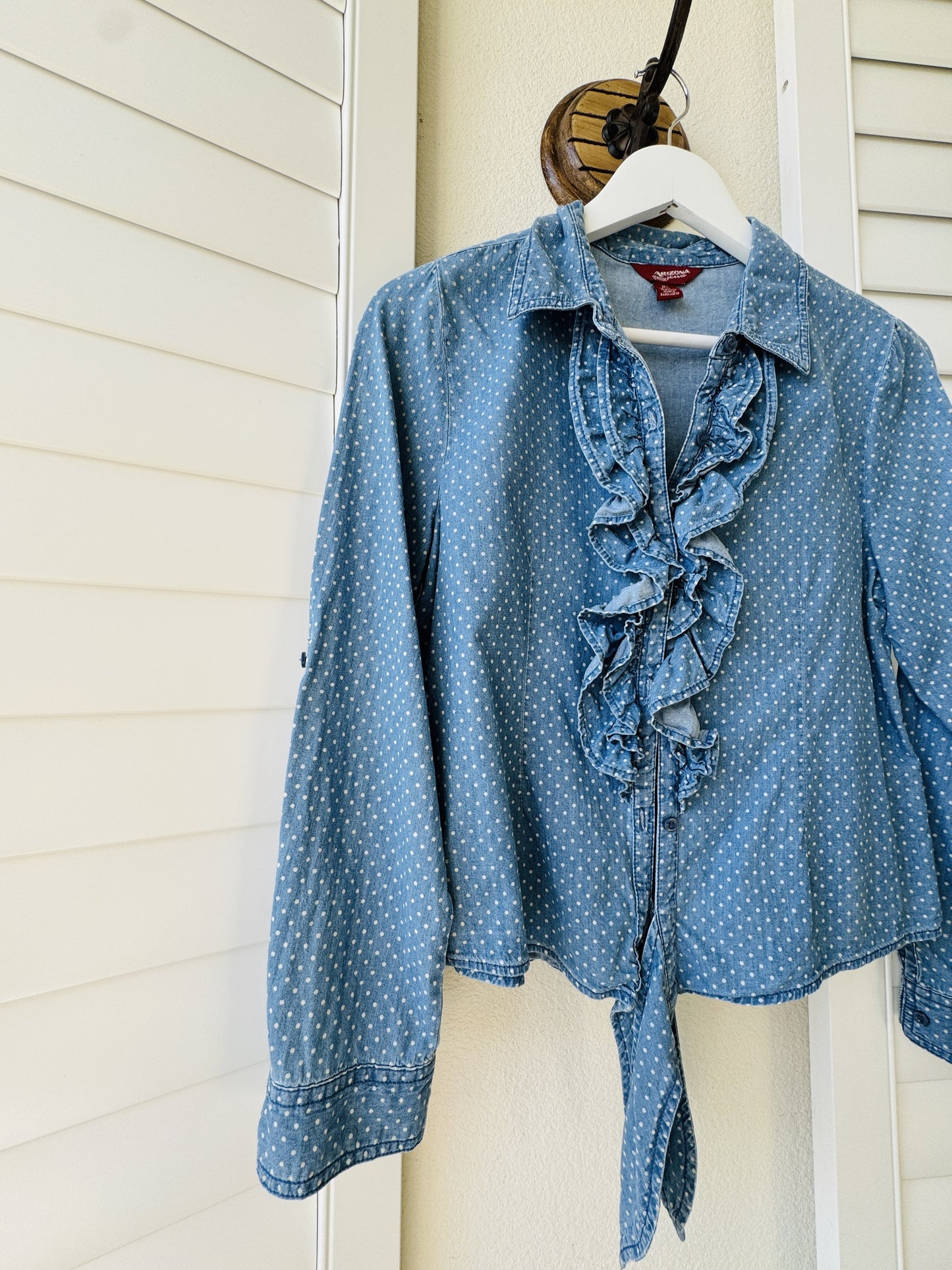 Arizona Jean Co. Polka Dot Ruffled Tie-Front Denim Shirt Size 18.5 Plus