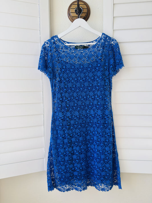 Lauren Ralph Lauren Blue Cotton Crochet Sheath Dress - Size L