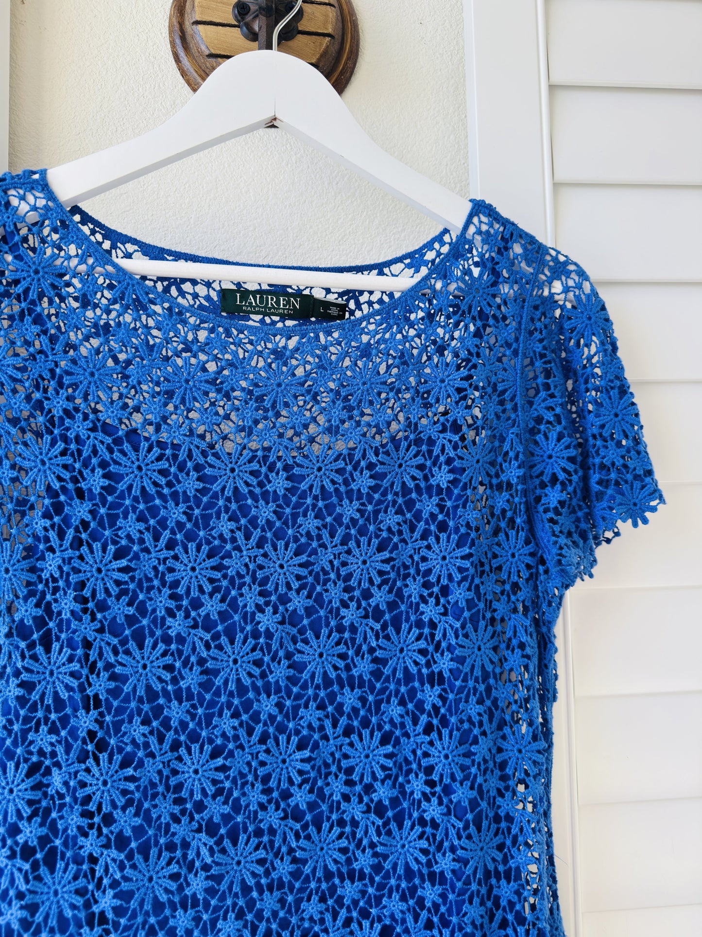 Lauren Ralph Lauren Blue Cotton Crochet Sheath Dress - Size L