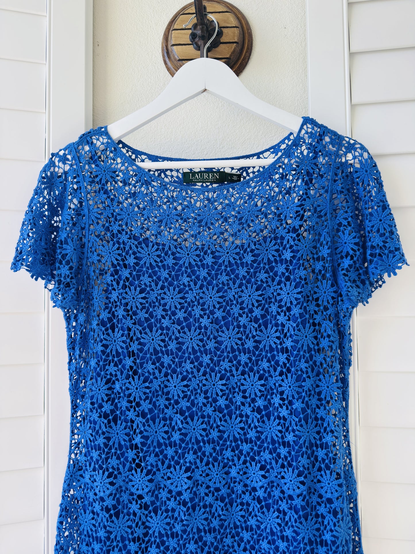 Lauren Ralph Lauren Blue Cotton Crochet Sheath Dress - Size L