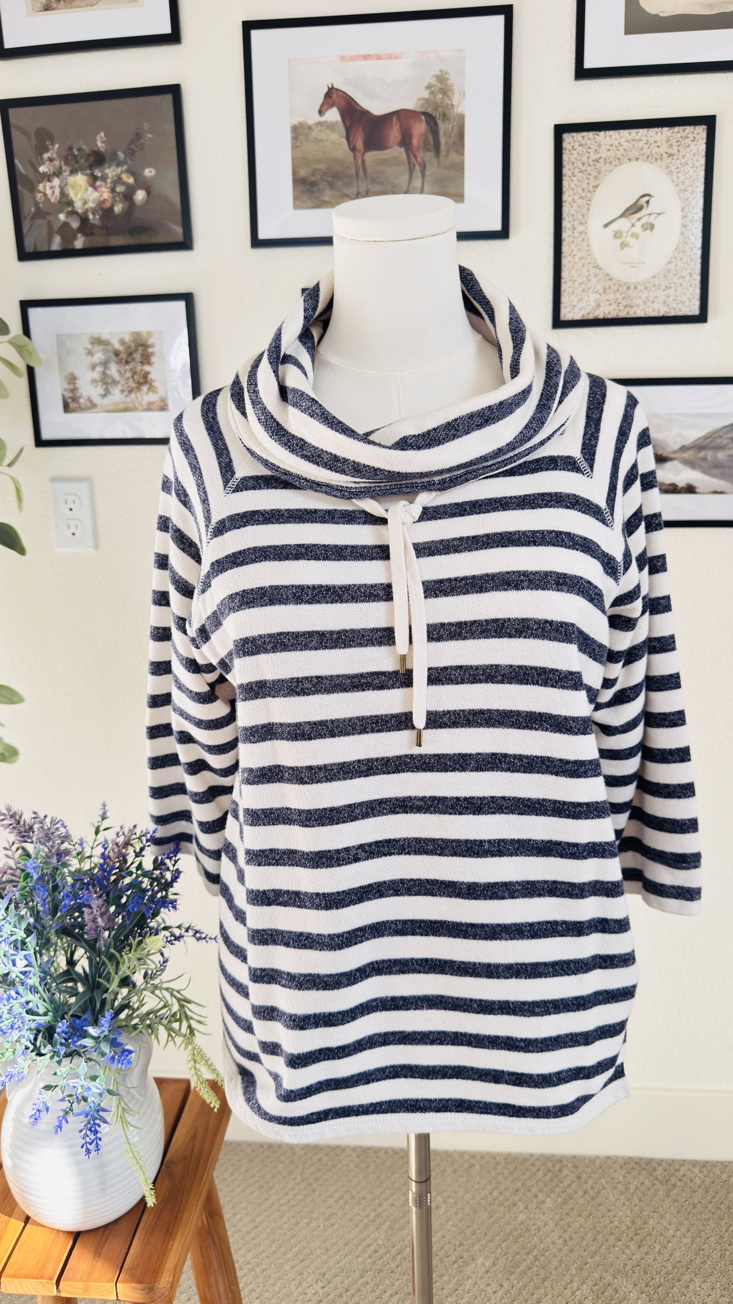 Chaps Denim Navy & White Striped Cowl Neck Top - Size L