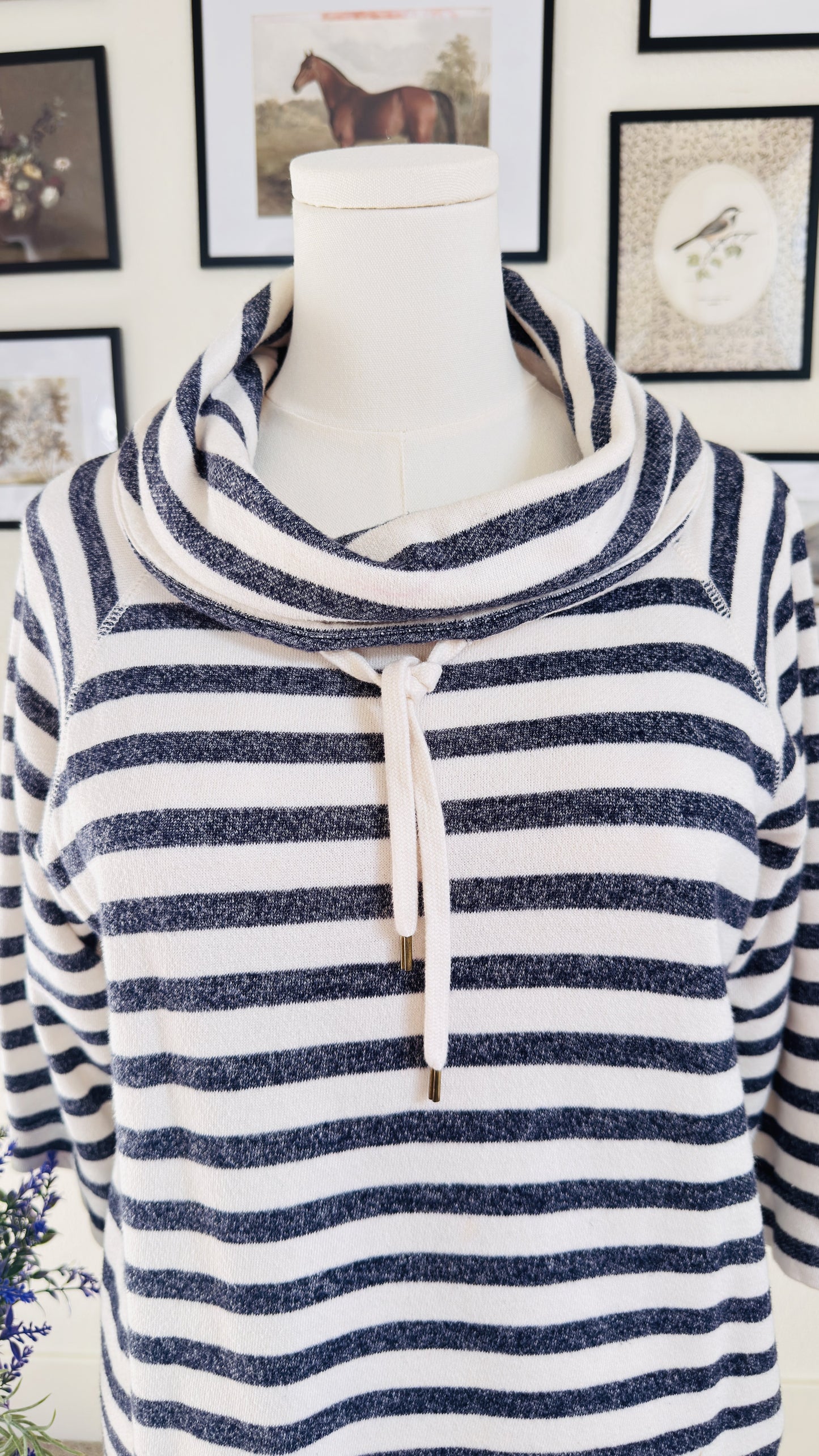 Chaps Denim Navy & White Striped Cowl Neck Top - Size L