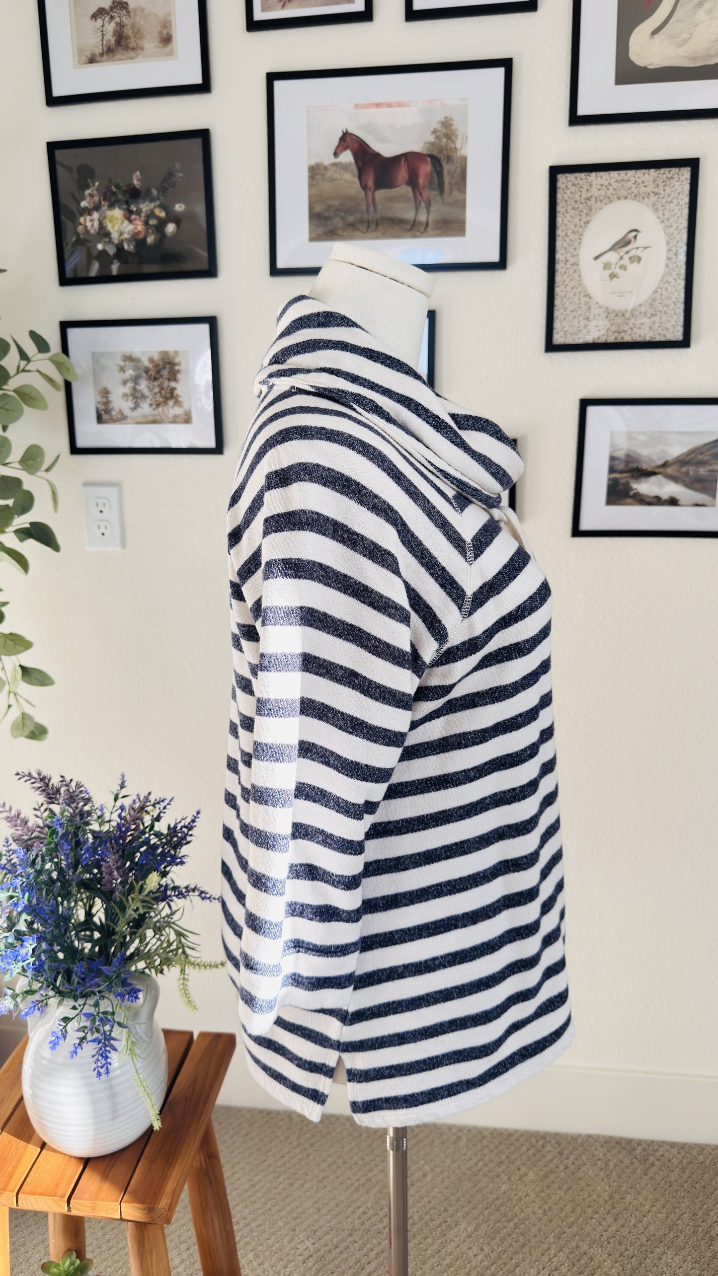 Chaps Denim Navy & White Striped Cowl Neck Top - Size L