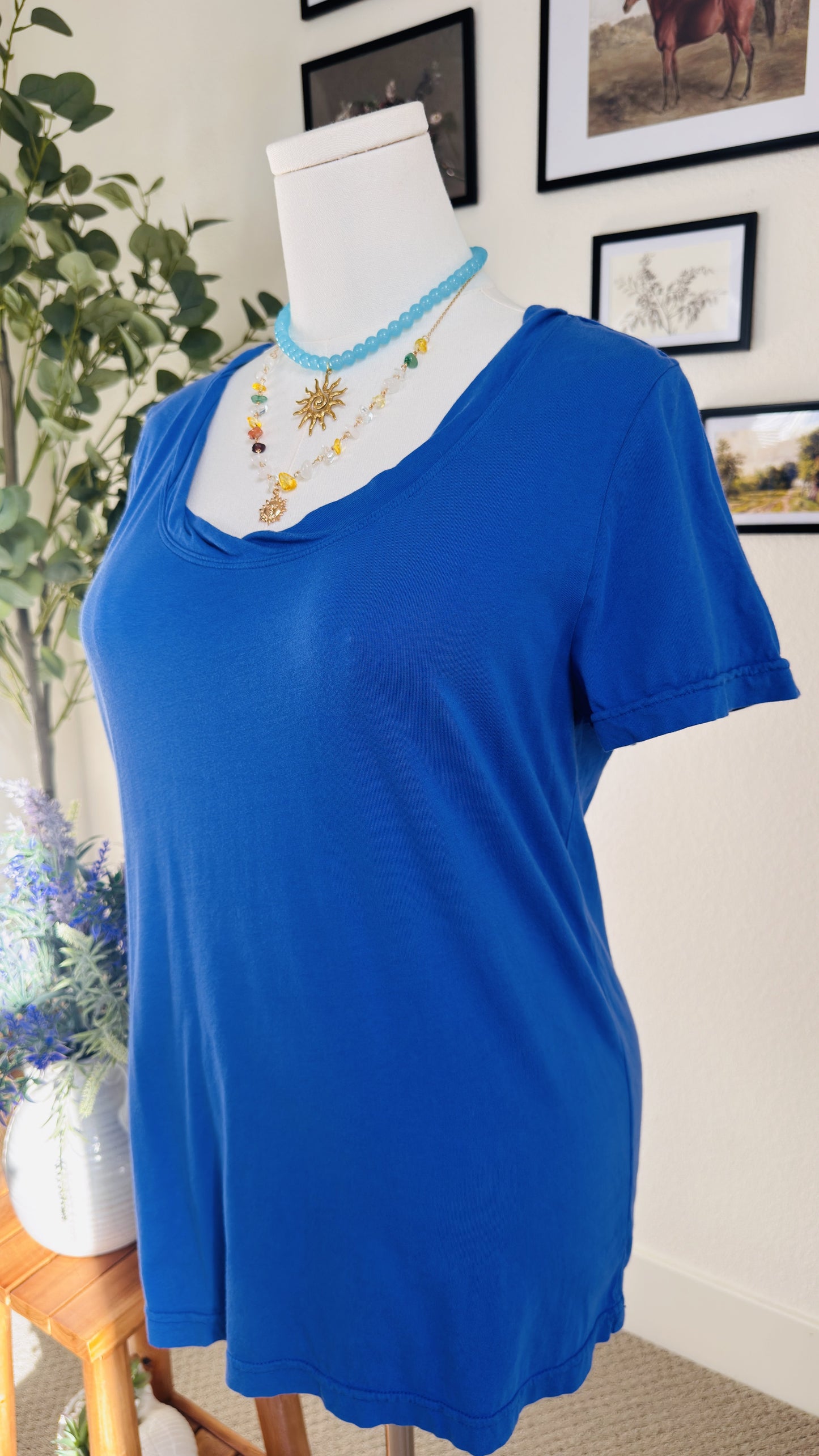 Lantana Casuals Blue Short Sleeve Scoop Neck Top Size L
