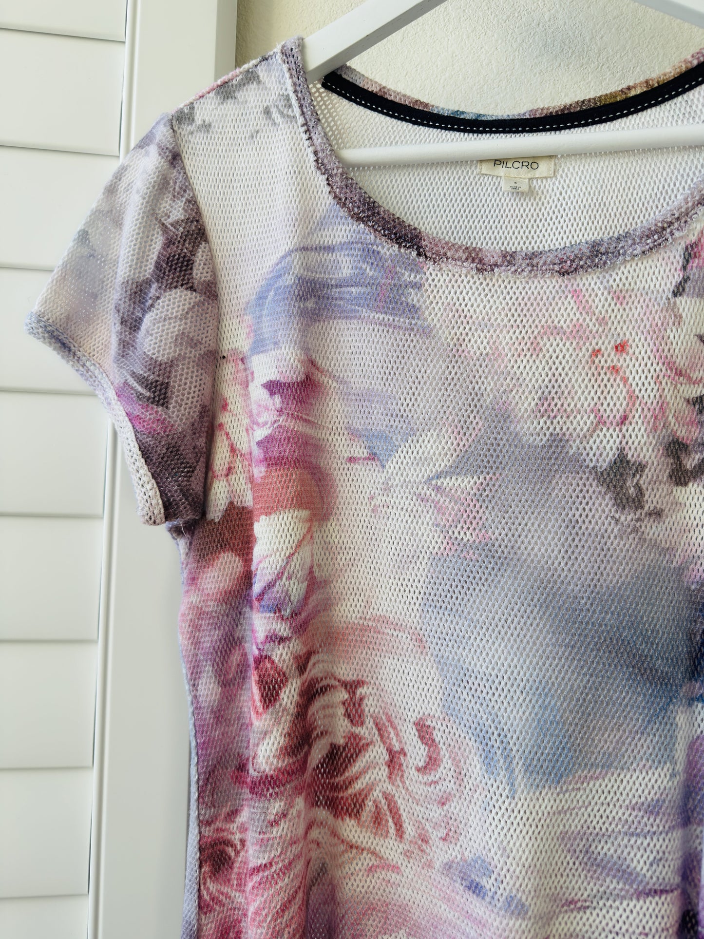 Pilcro Abstract Floral Mesh Short Sleeve Top - Size S