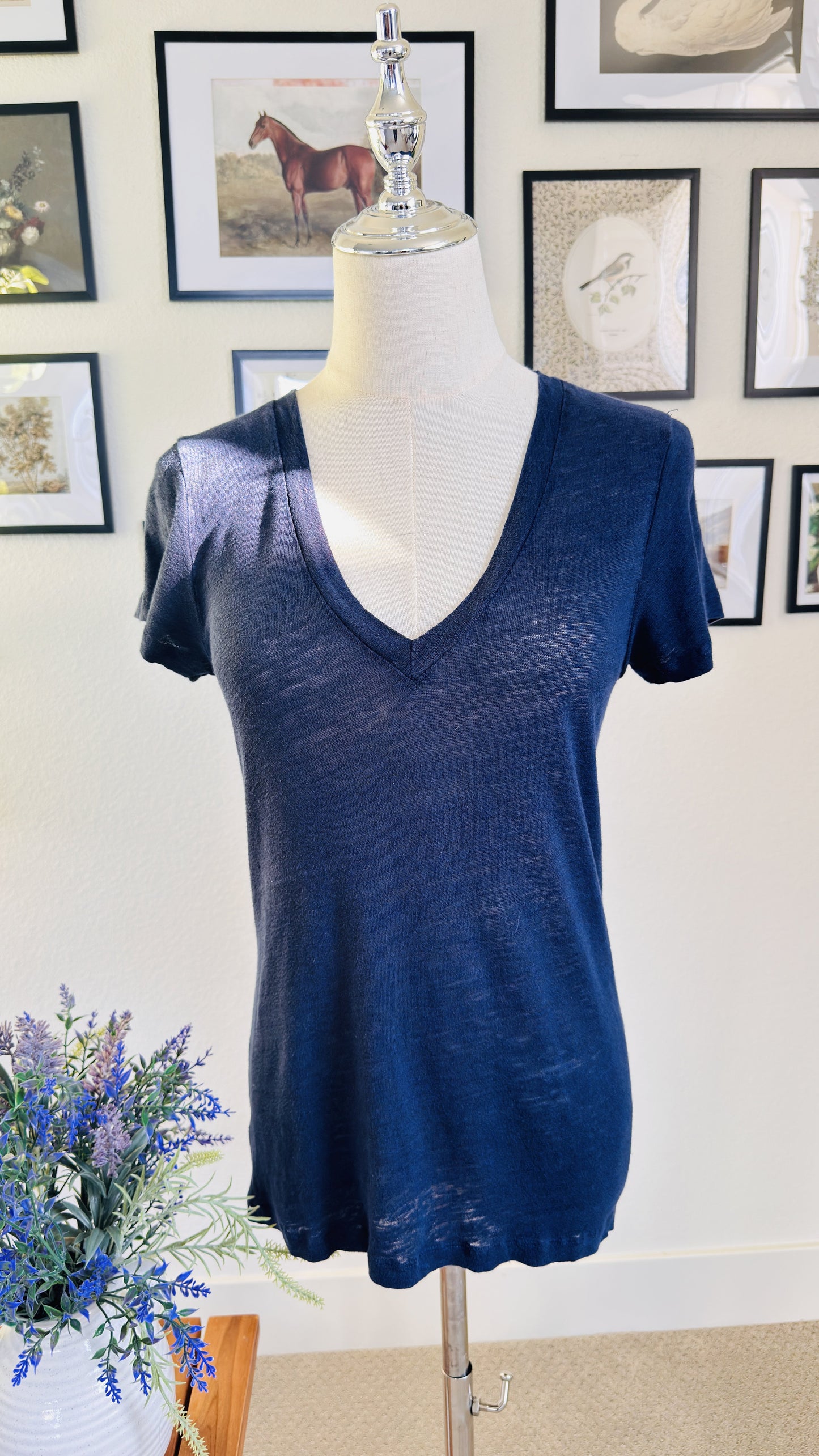 J.Crew Navy Blue 100% Linen V-Neck Short Sleeve T-Shirt Size S