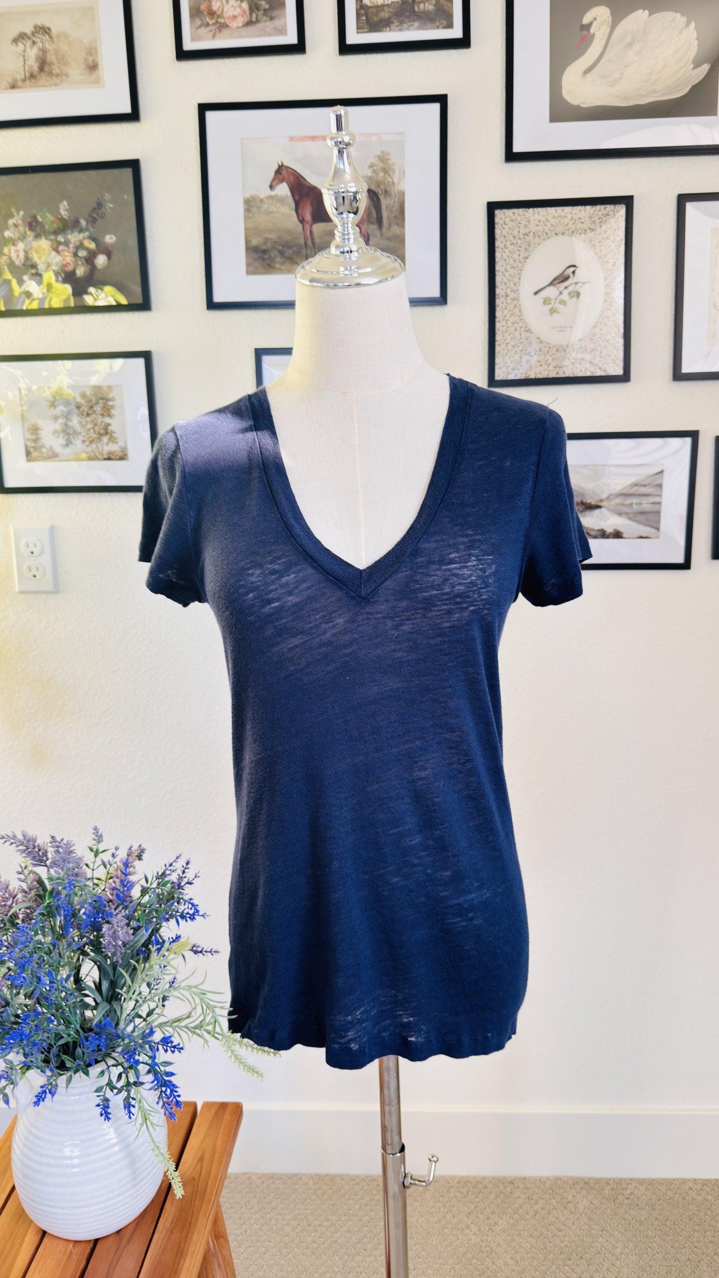 J.Crew Navy Blue 100% Linen V-Neck Short Sleeve T-Shirt Size S
