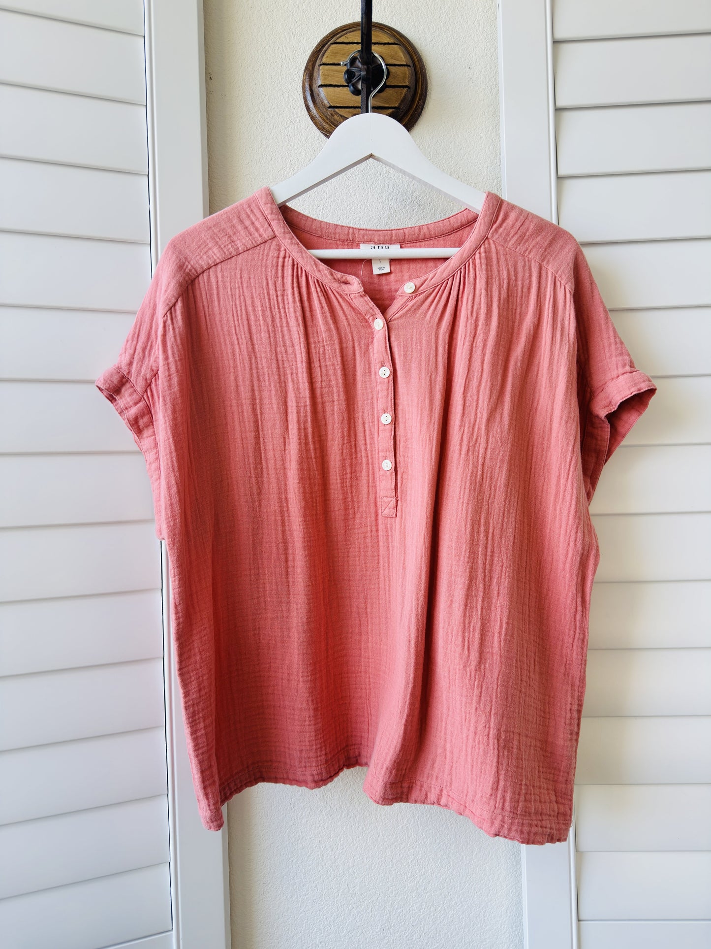 a.n.a Coral Double Gauze Henley Top - Size L