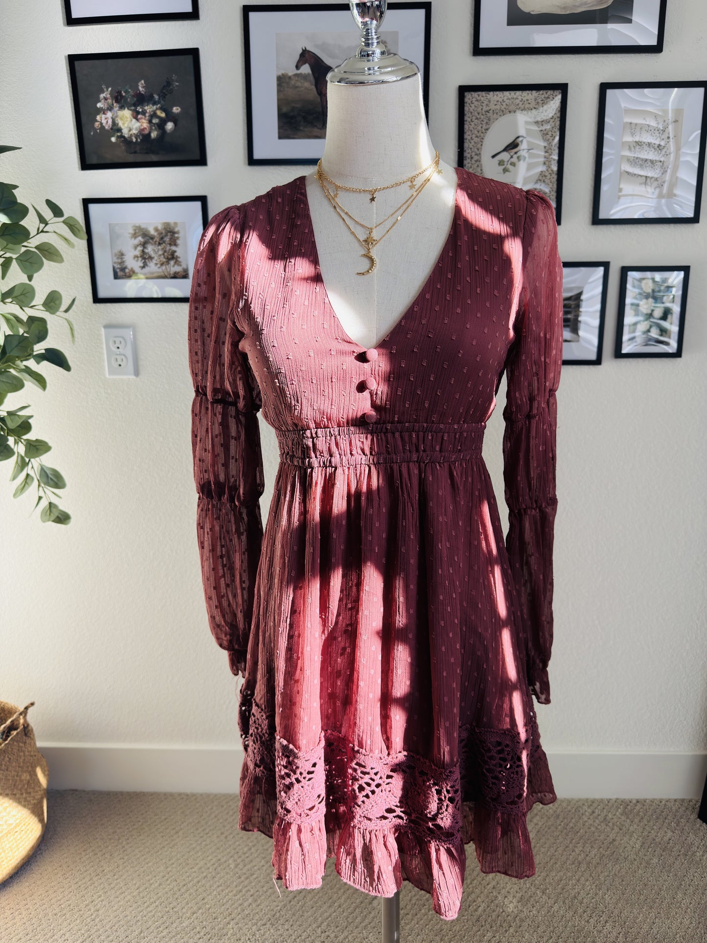 Fille Rose Swiss Dot Long Sleeve Mini Dress - Size M