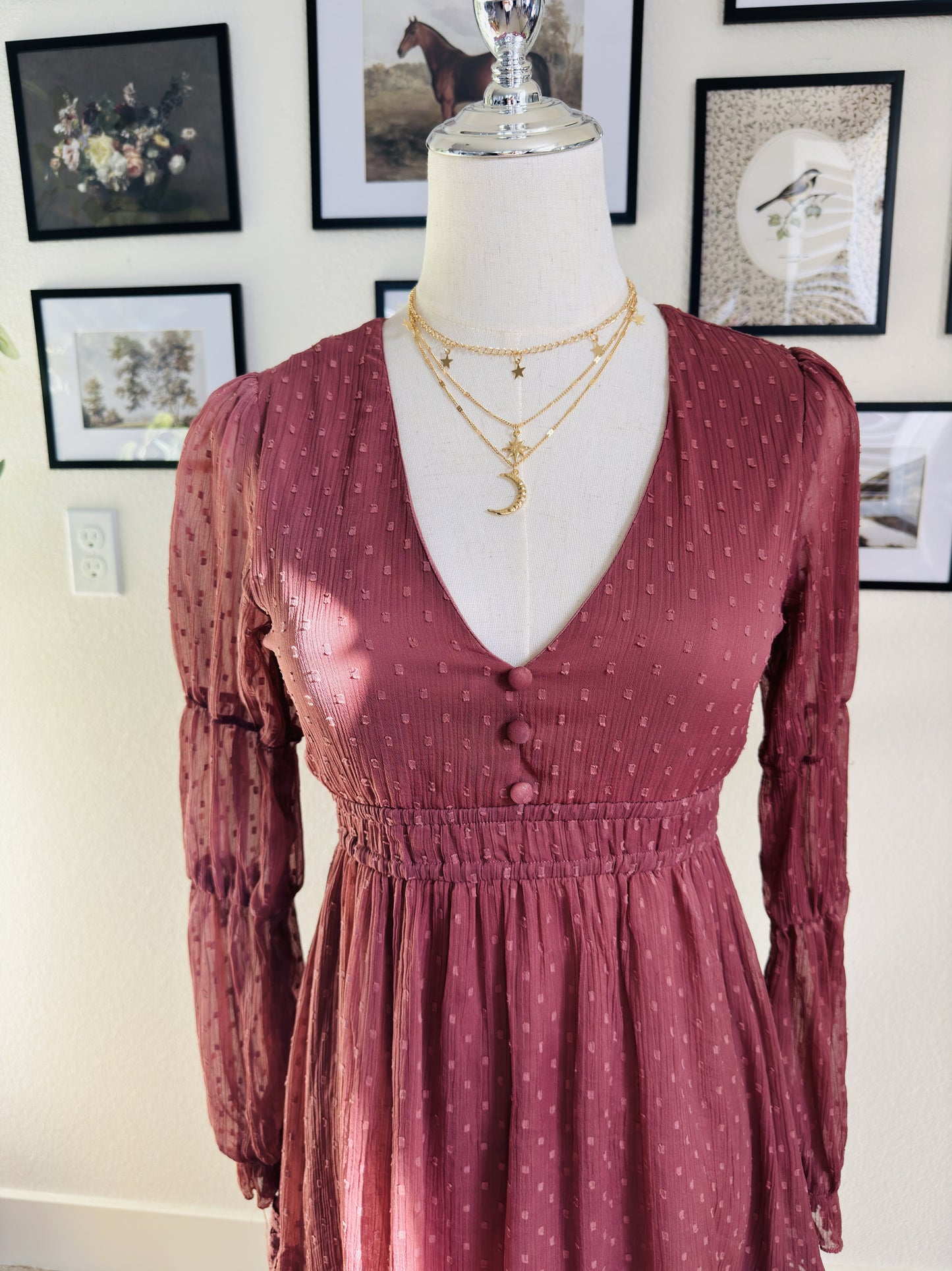 Fille Rose Swiss Dot Long Sleeve Mini Dress - Size M