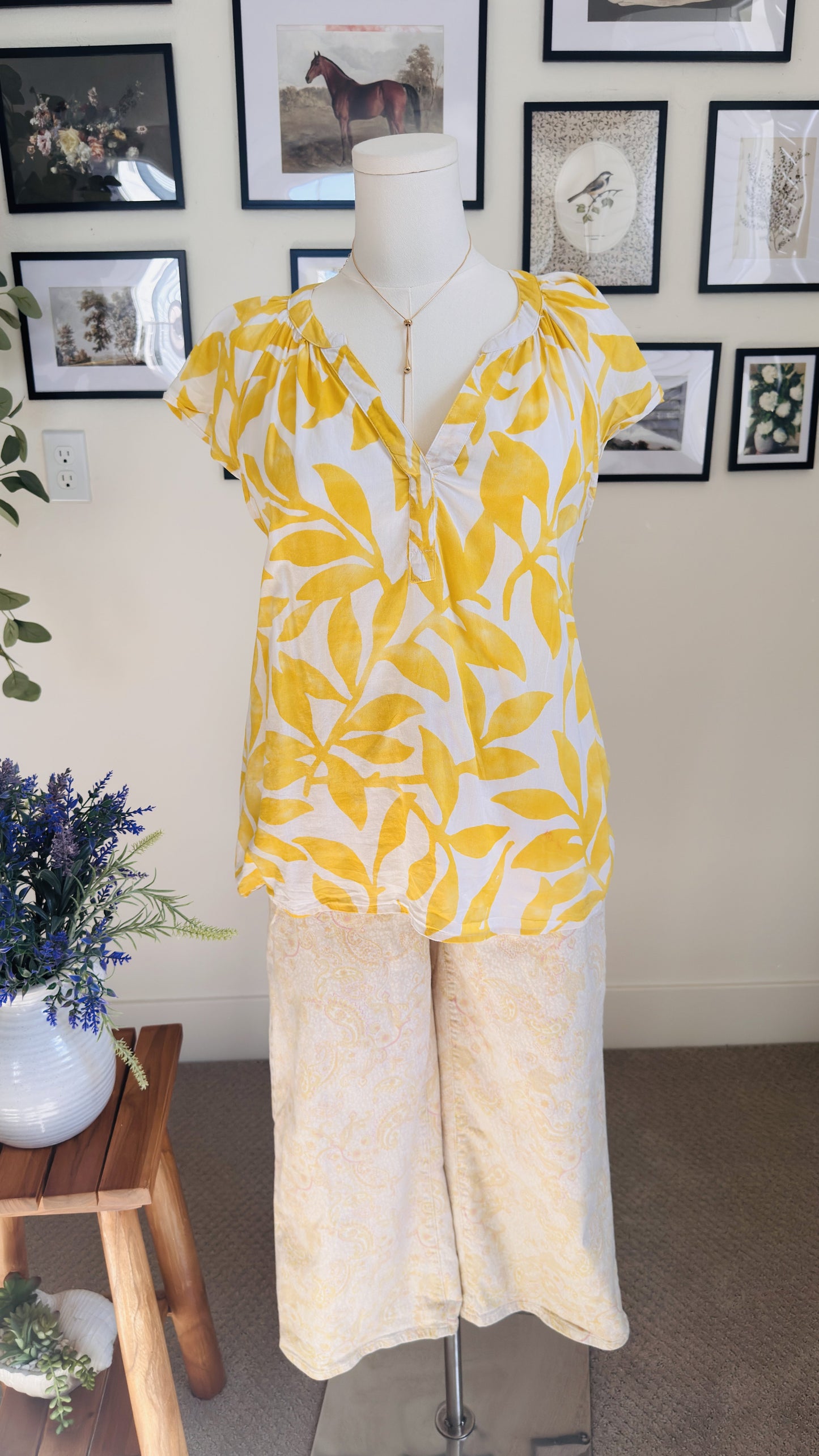 Sonoma Goods for Life Yellow Leaf Print Short Sleeve Blouse - Size L