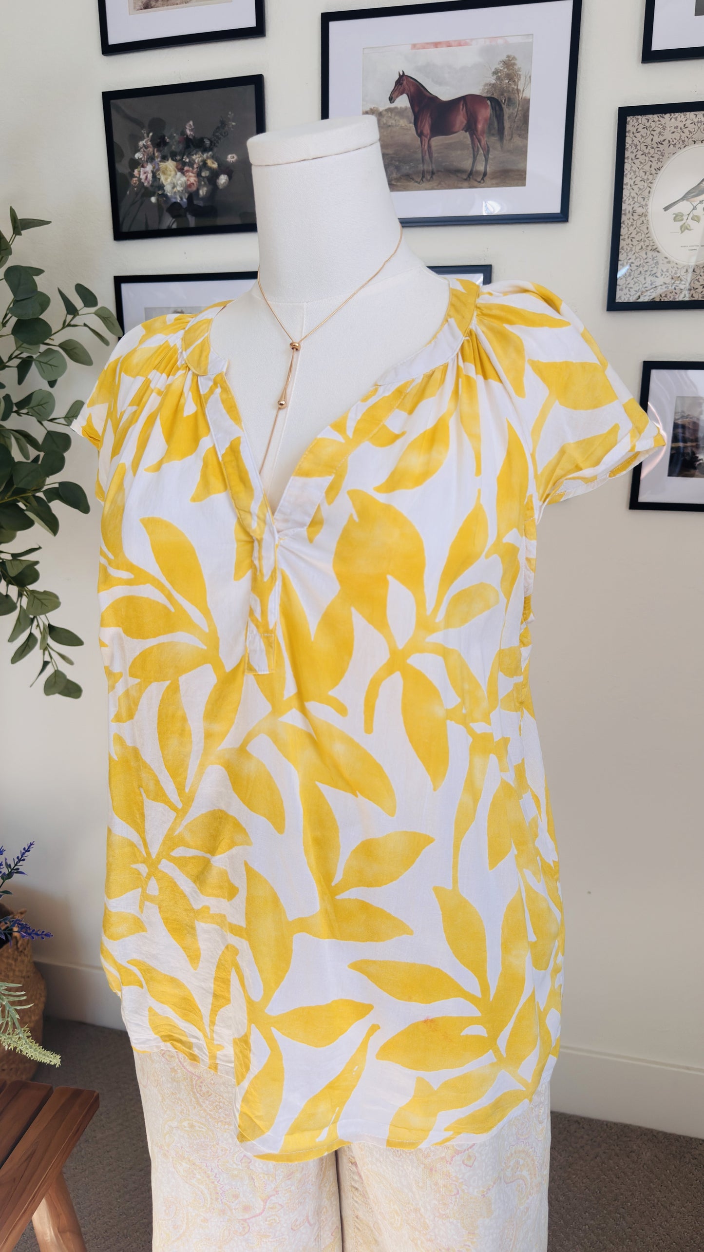 Sonoma Goods for Life Yellow Leaf Print Short Sleeve Blouse - Size L
