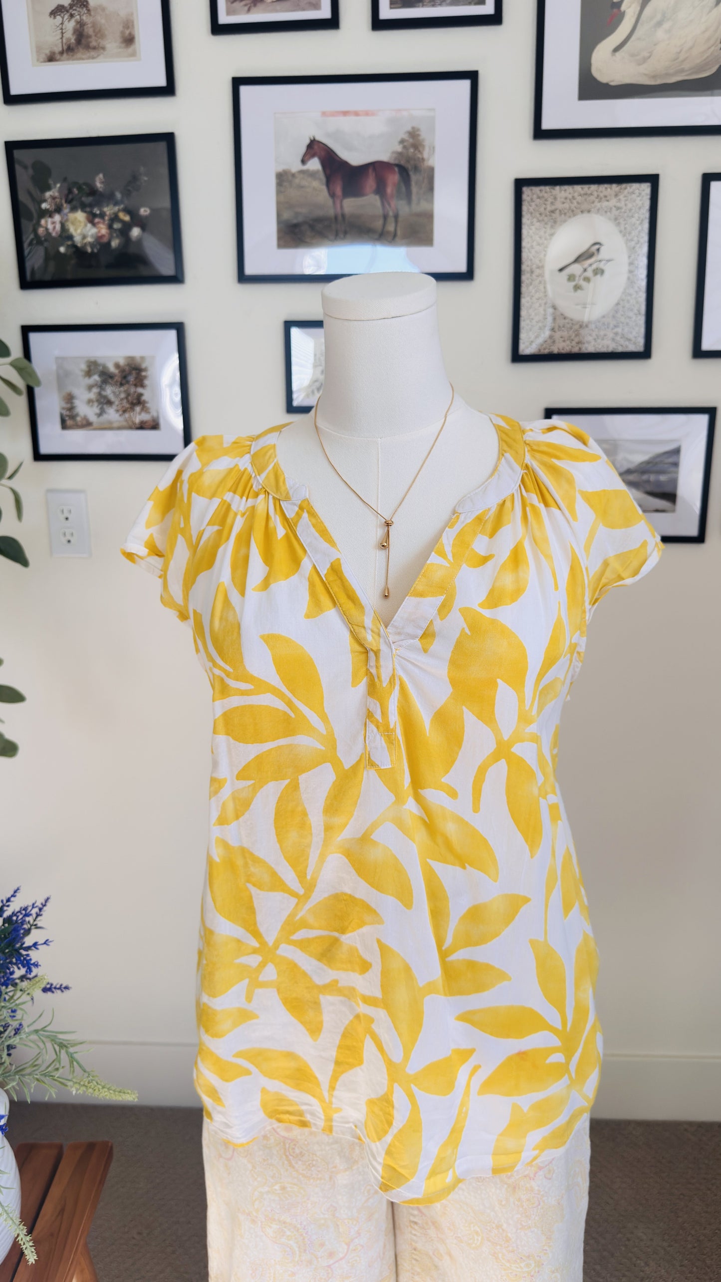 Sonoma Goods for Life Yellow Leaf Print Short Sleeve Blouse - Size L