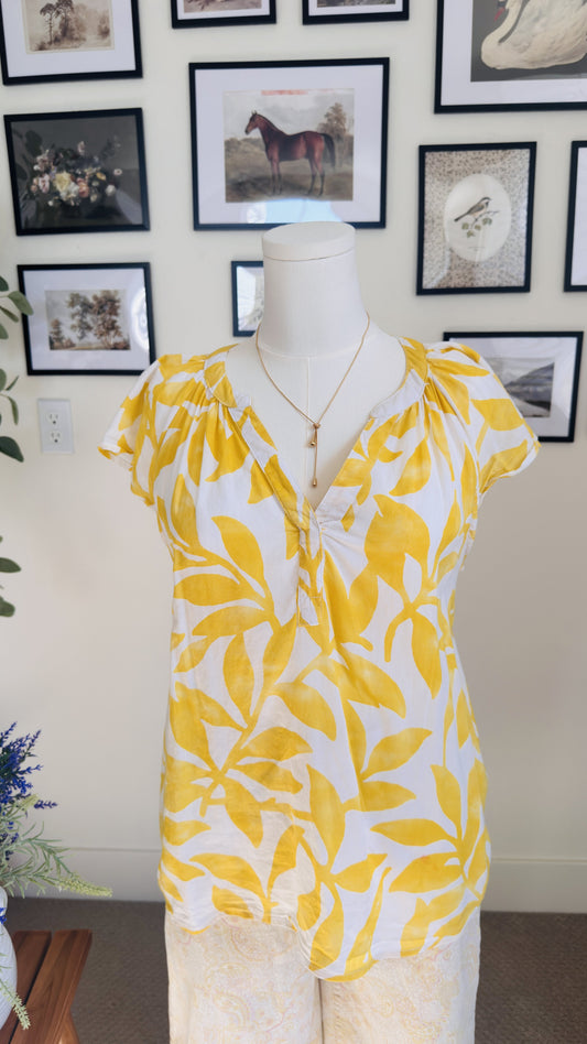 Sonoma Goods for Life Yellow Leaf Print Short Sleeve Blouse - Size L
