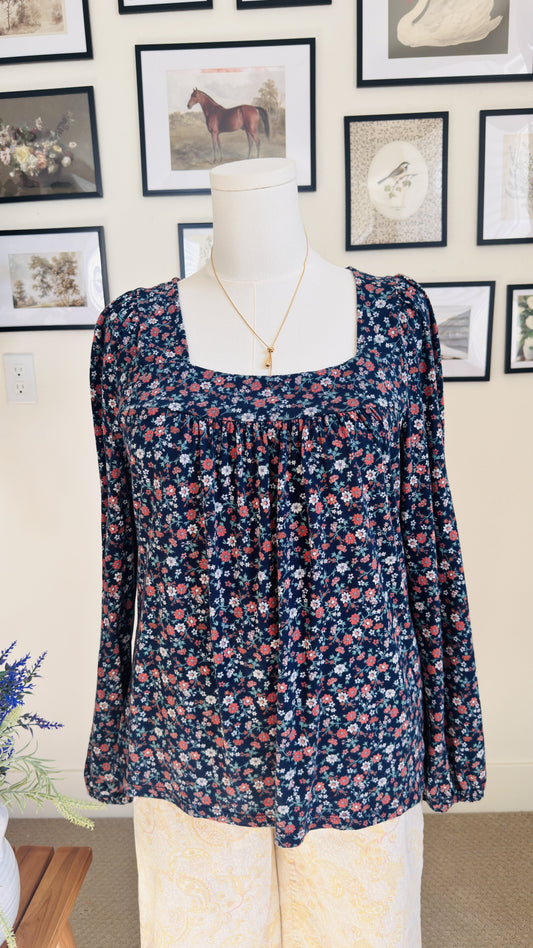 Lucky Brand Floral Square Neck Long Sleeve Top Size M