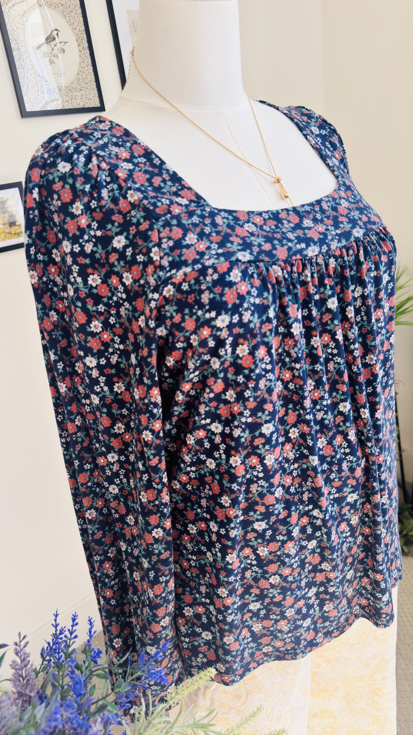 Lucky Brand Floral Square Neck Long Sleeve Top Size M