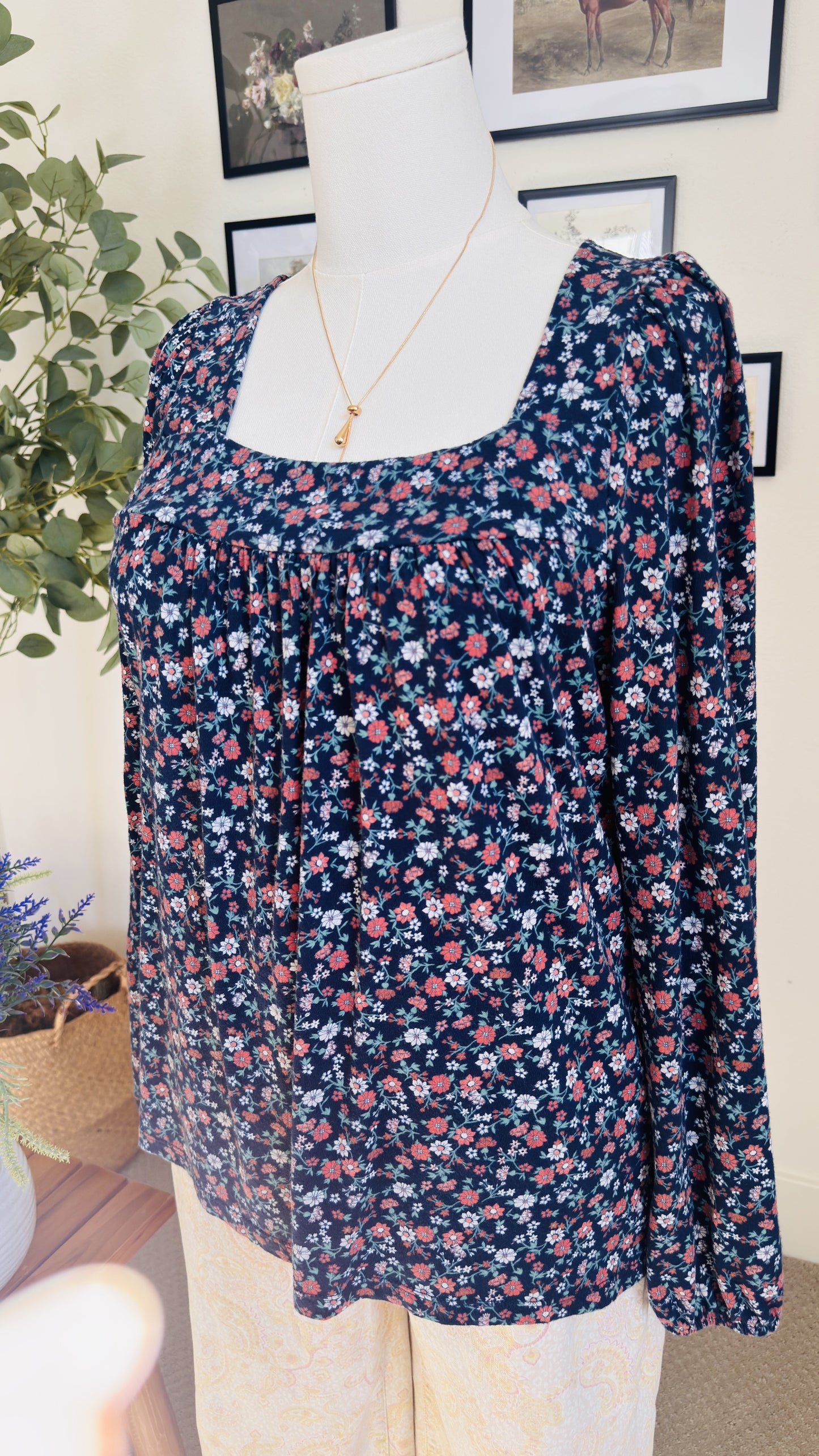 Lucky Brand Floral Square Neck Long Sleeve Top Size M