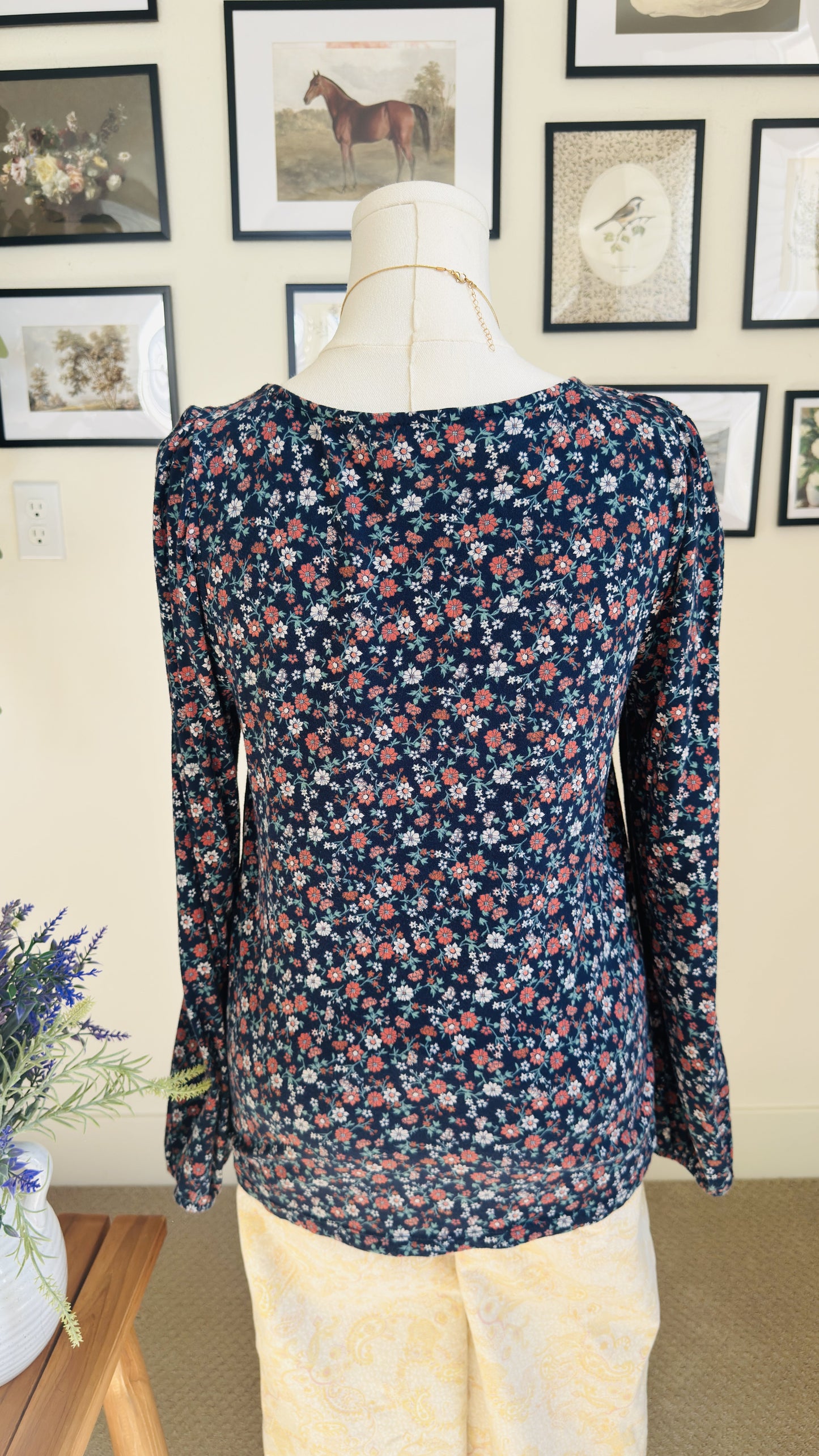 Lucky Brand Floral Square Neck Long Sleeve Top Size M