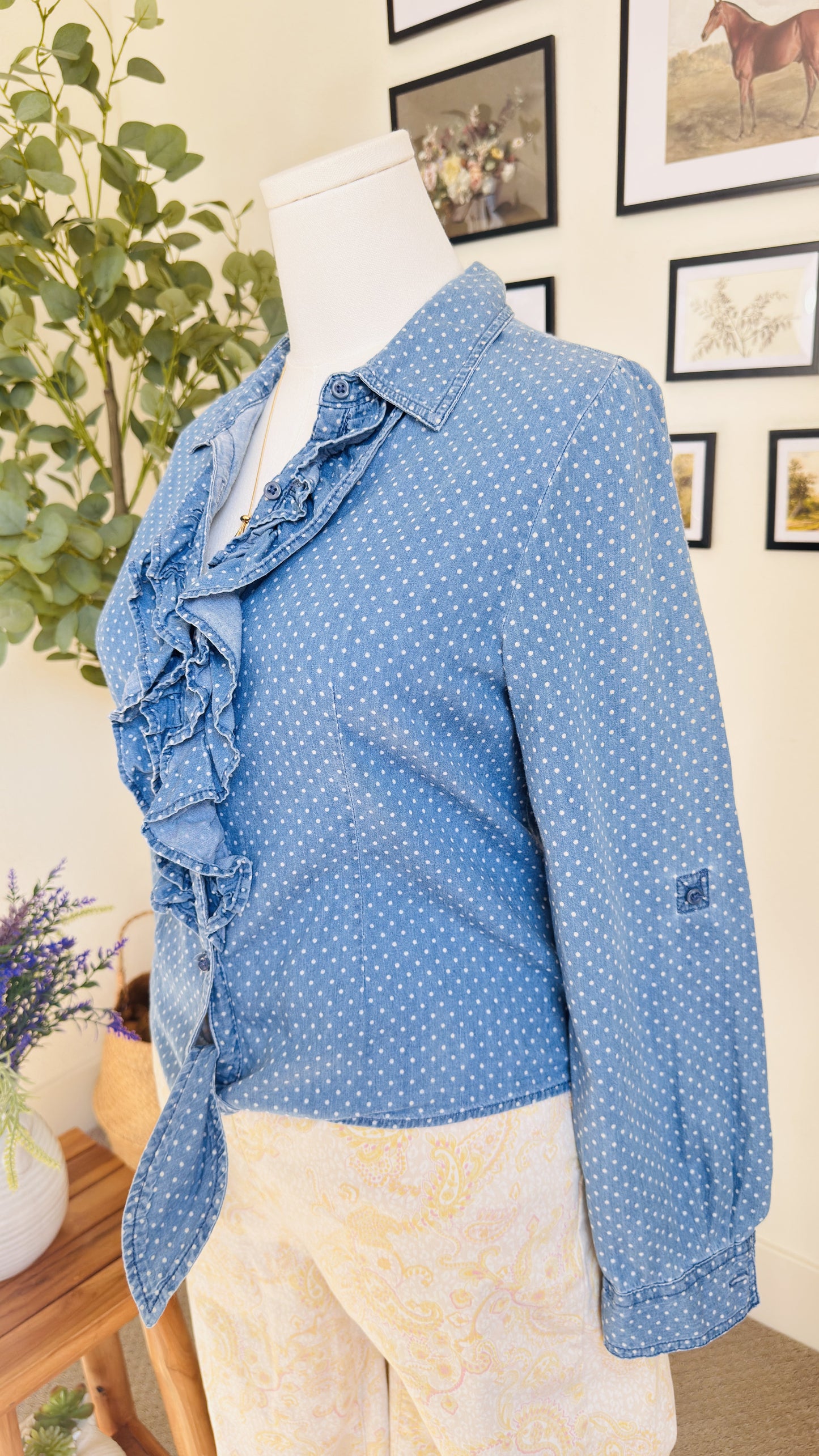 Arizona Jean Co. Polka Dot Ruffle Chambray Shirt - Size 18 1/2 Plus