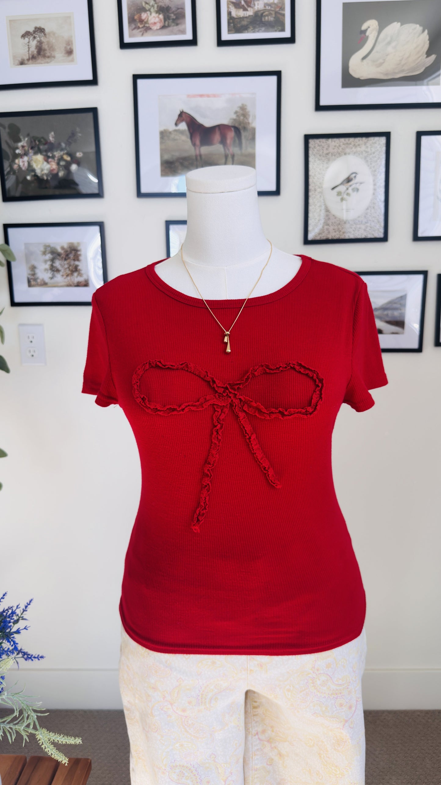 Pretty Garbage Red Ribbed Bow Applique Short Sleeve Top - Size M