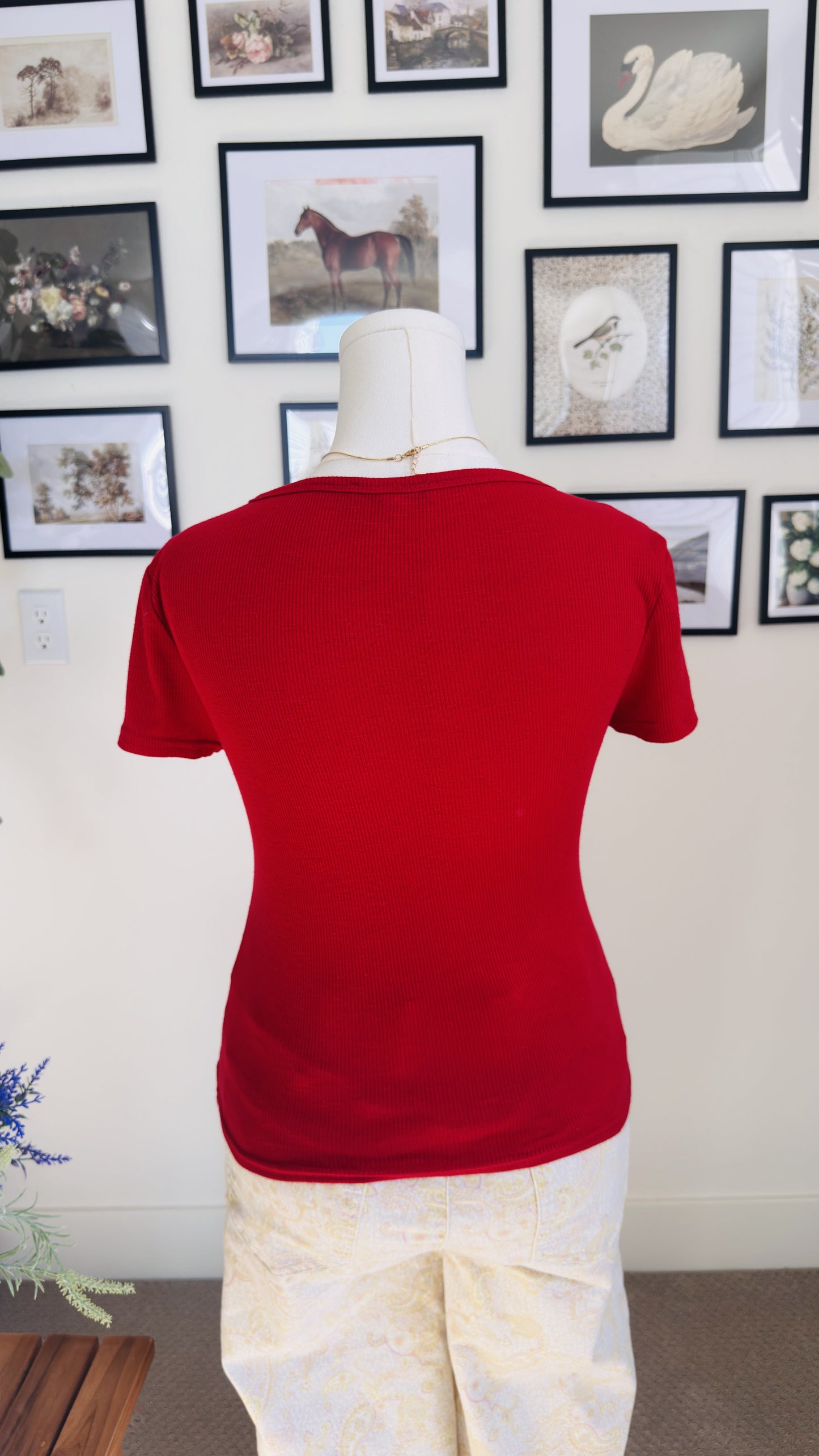 Pretty Garbage Red Ribbed Bow Applique Short Sleeve Top - Size M